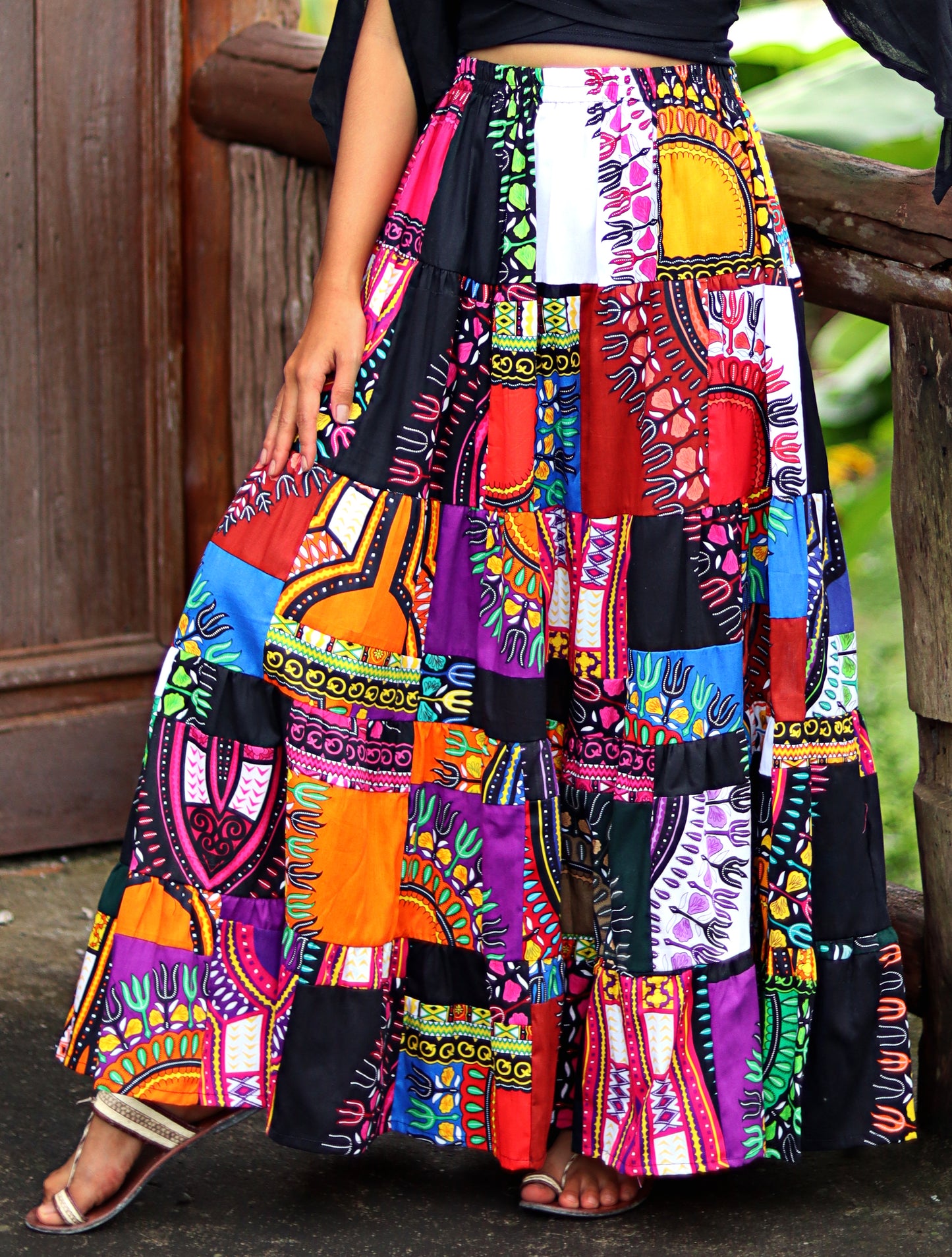 African Dashiki Wide Full Stepped Maxi Skirt - Mixed Patchwork Long Elastic Waist