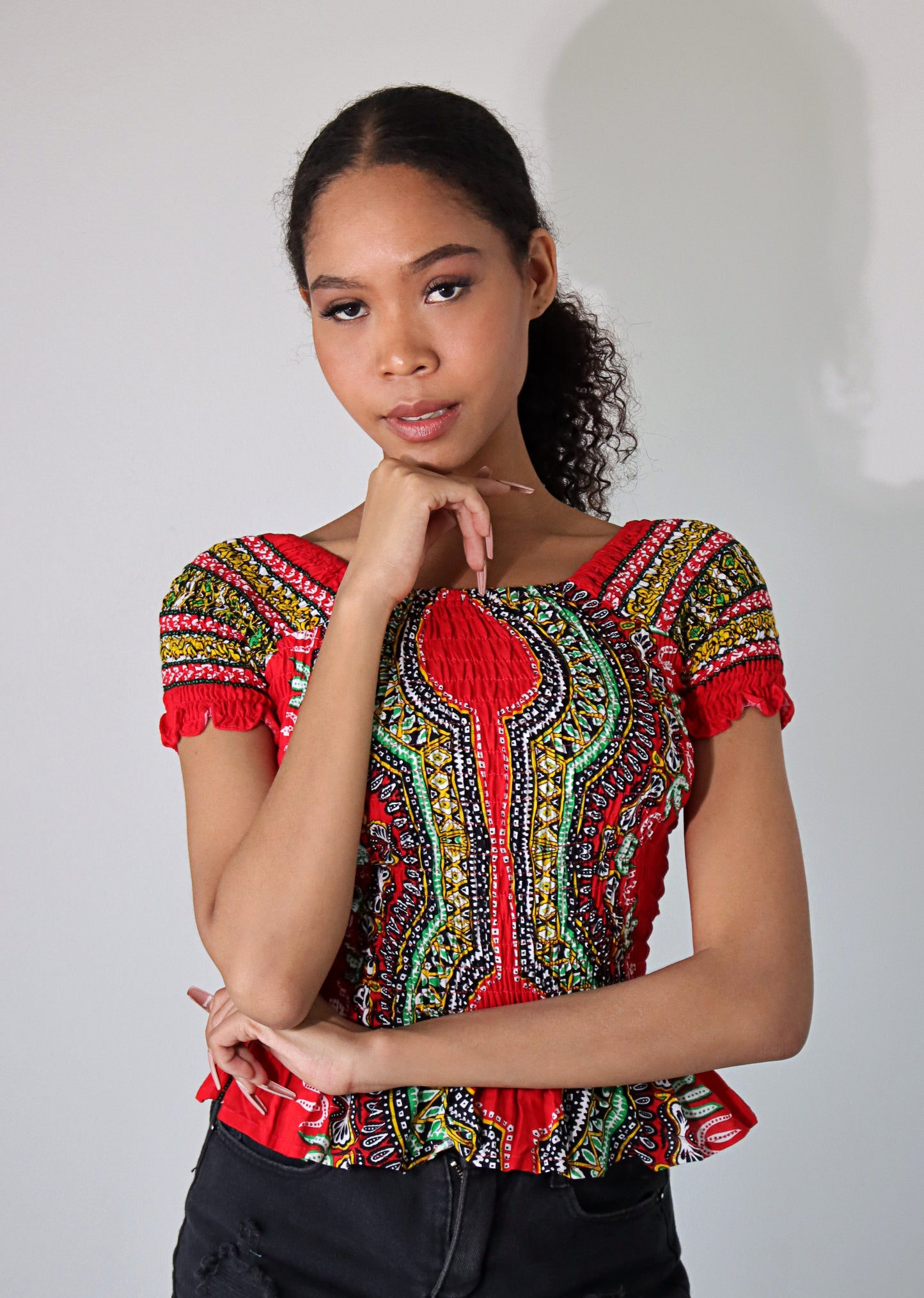 African Dashiki Womens Shirt - Smock Waist Babydoll Short Sleeves