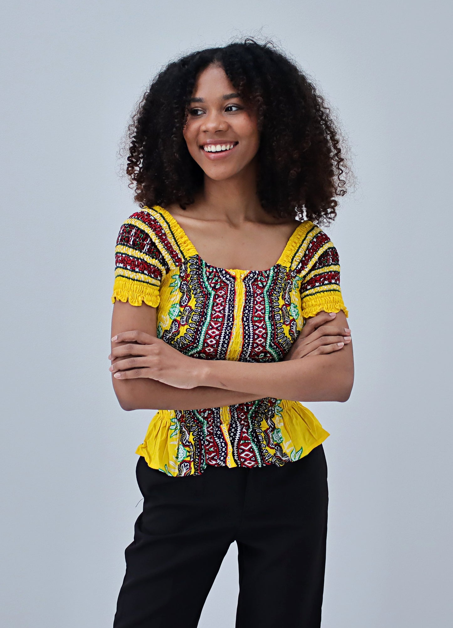 African Dashiki Womens Shirt - Smock Waist Babydoll Short Sleeves