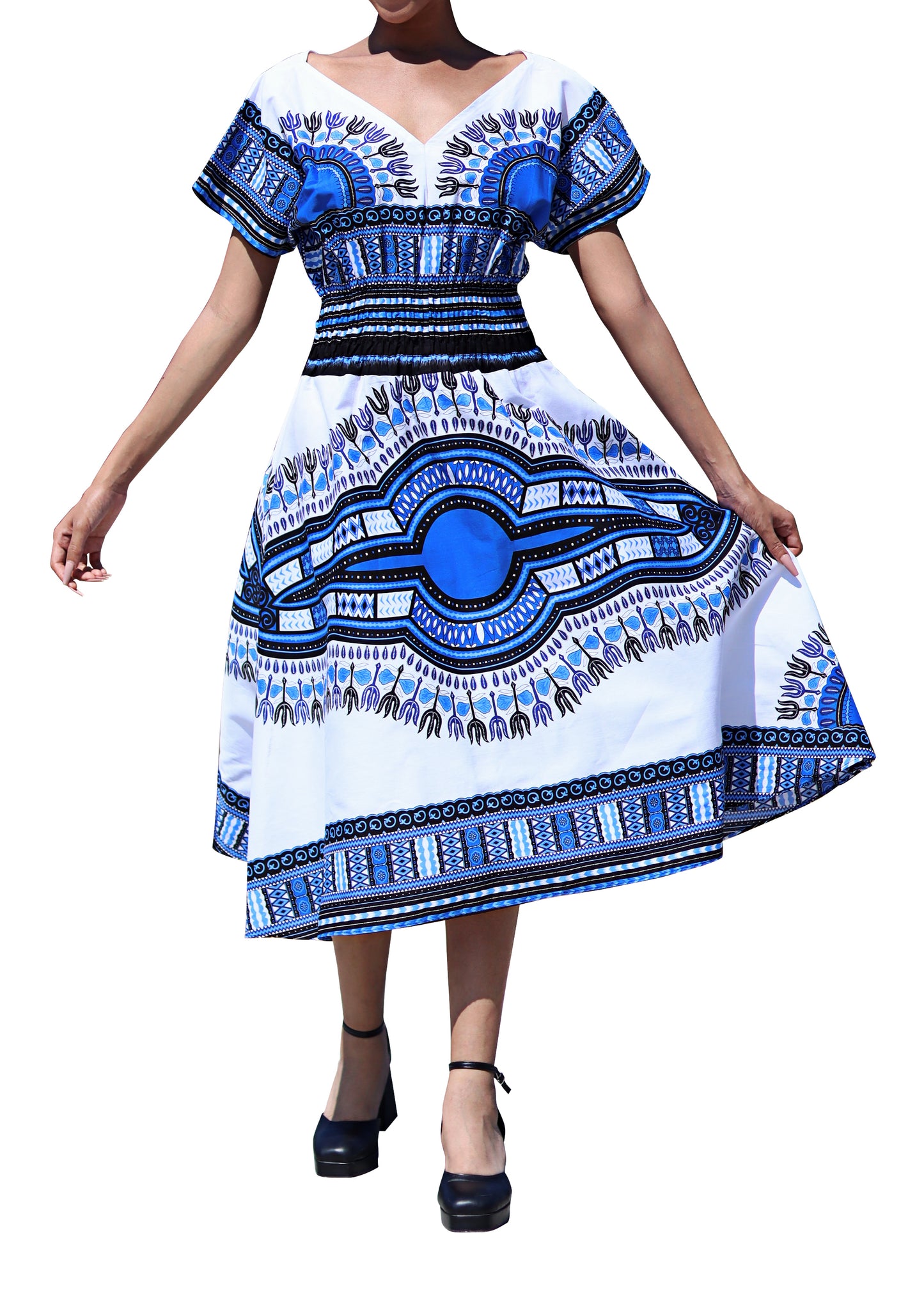 African Dashiki Dress - Round V Collar Smock Waist Colours