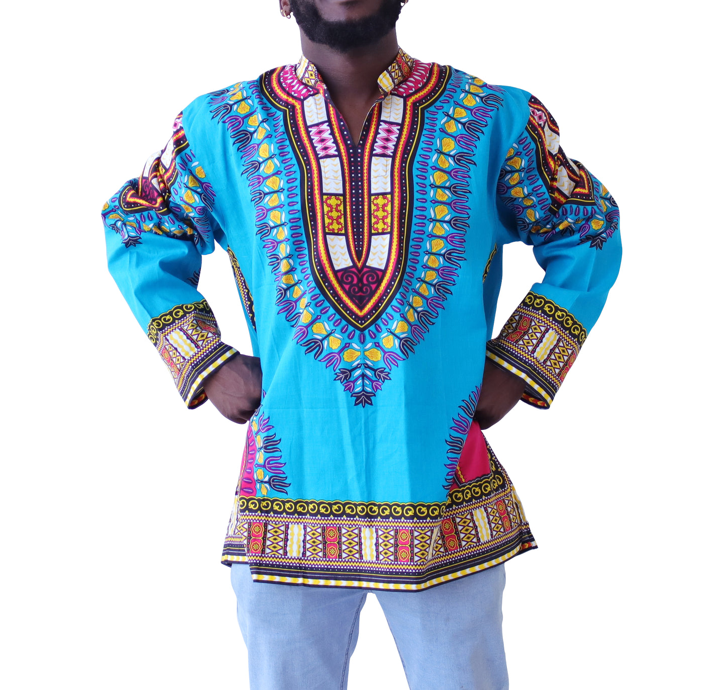 African Dashiki Long Sleeve Shirt - Chinese Mandarin Stand Up Collar