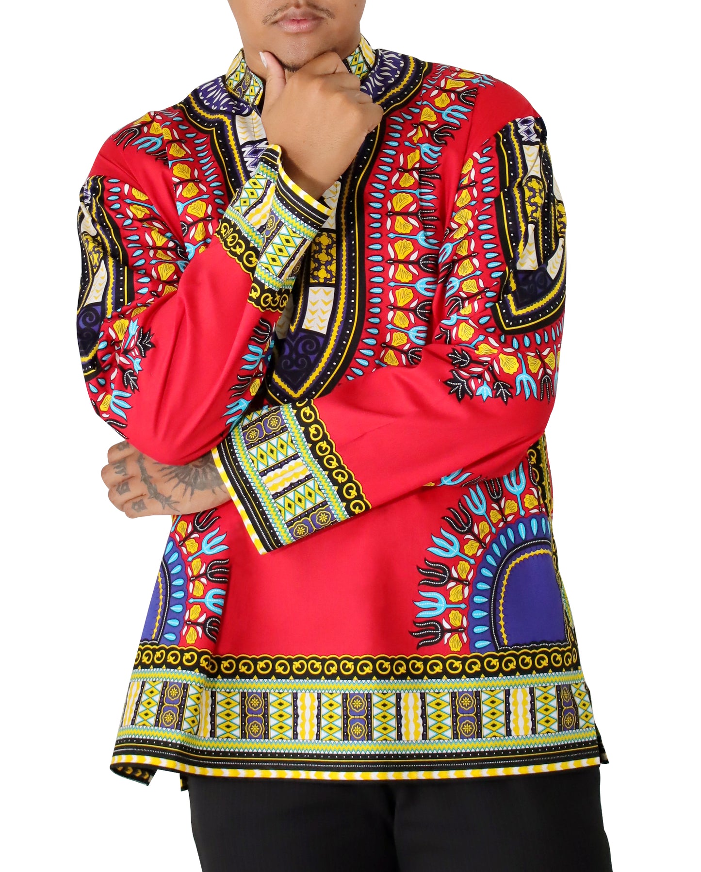 African Dashiki Long Sleeve Shirt - Chinese Mandarin Stand Up Collar