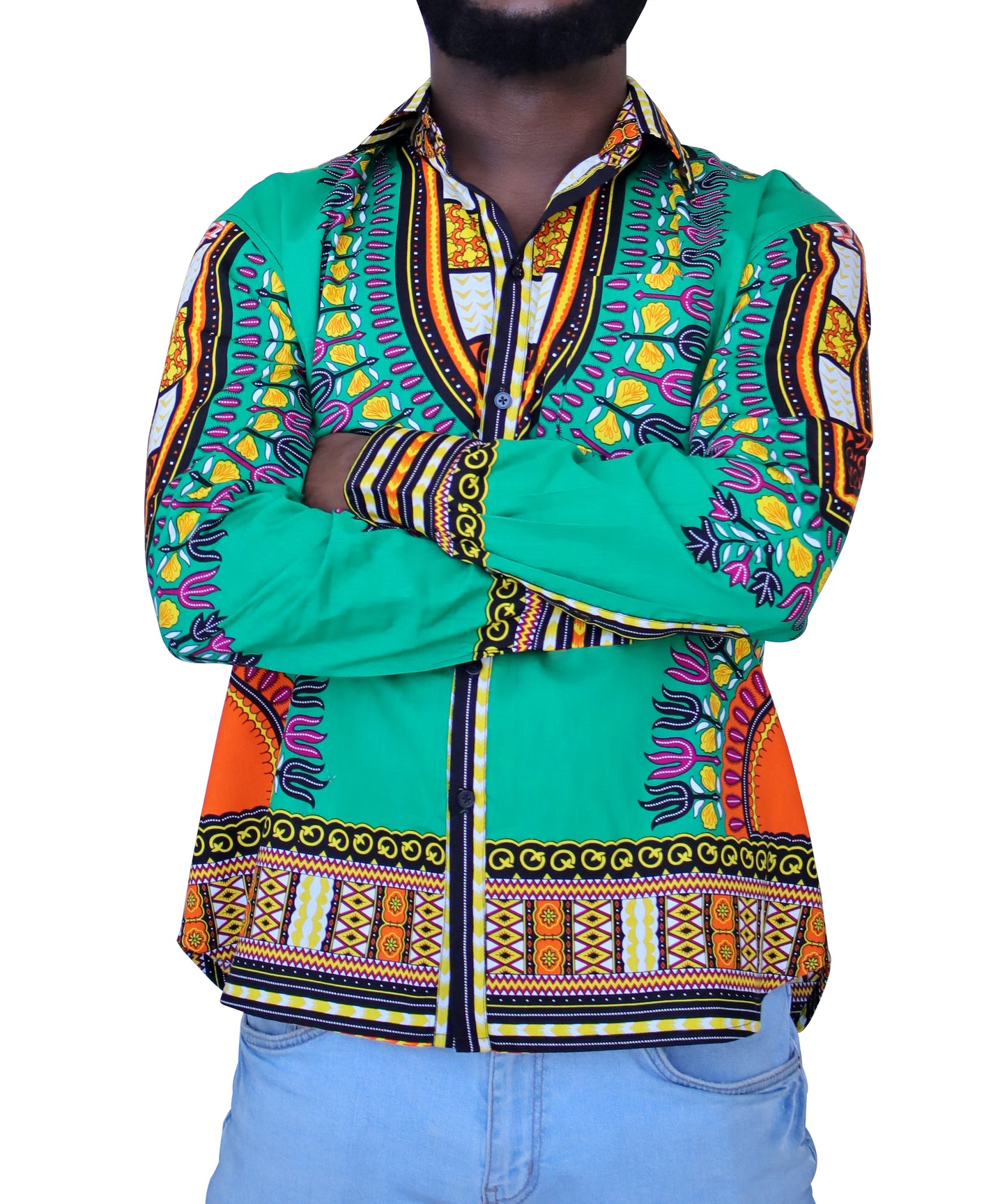 African Dashiki Long Sleeve Shirt - Euro Collar Buttons