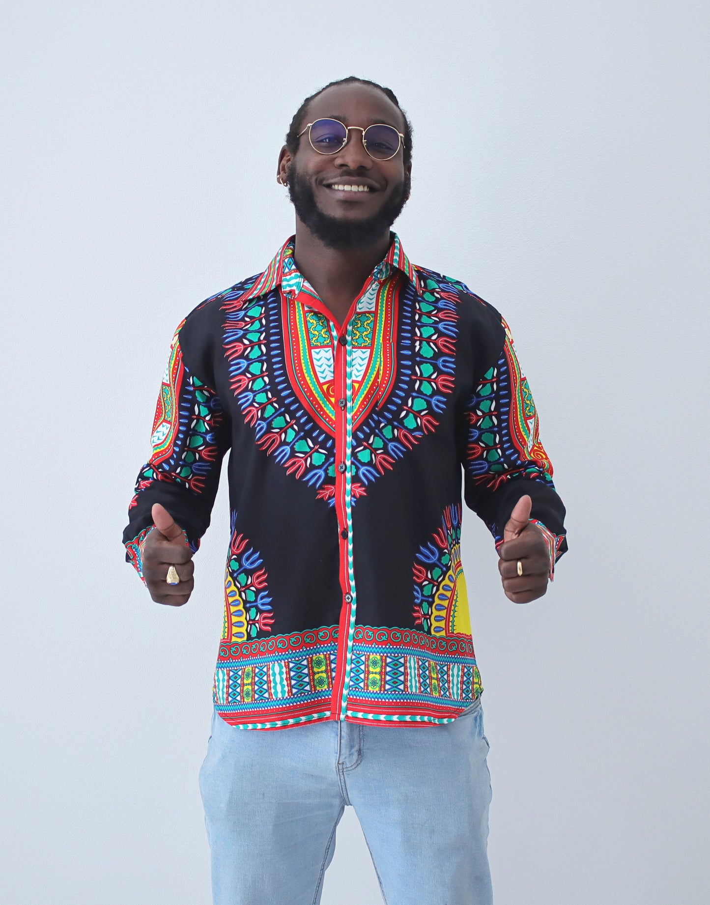 African Dashiki Long Sleeve Shirt - Euro Collar Buttons