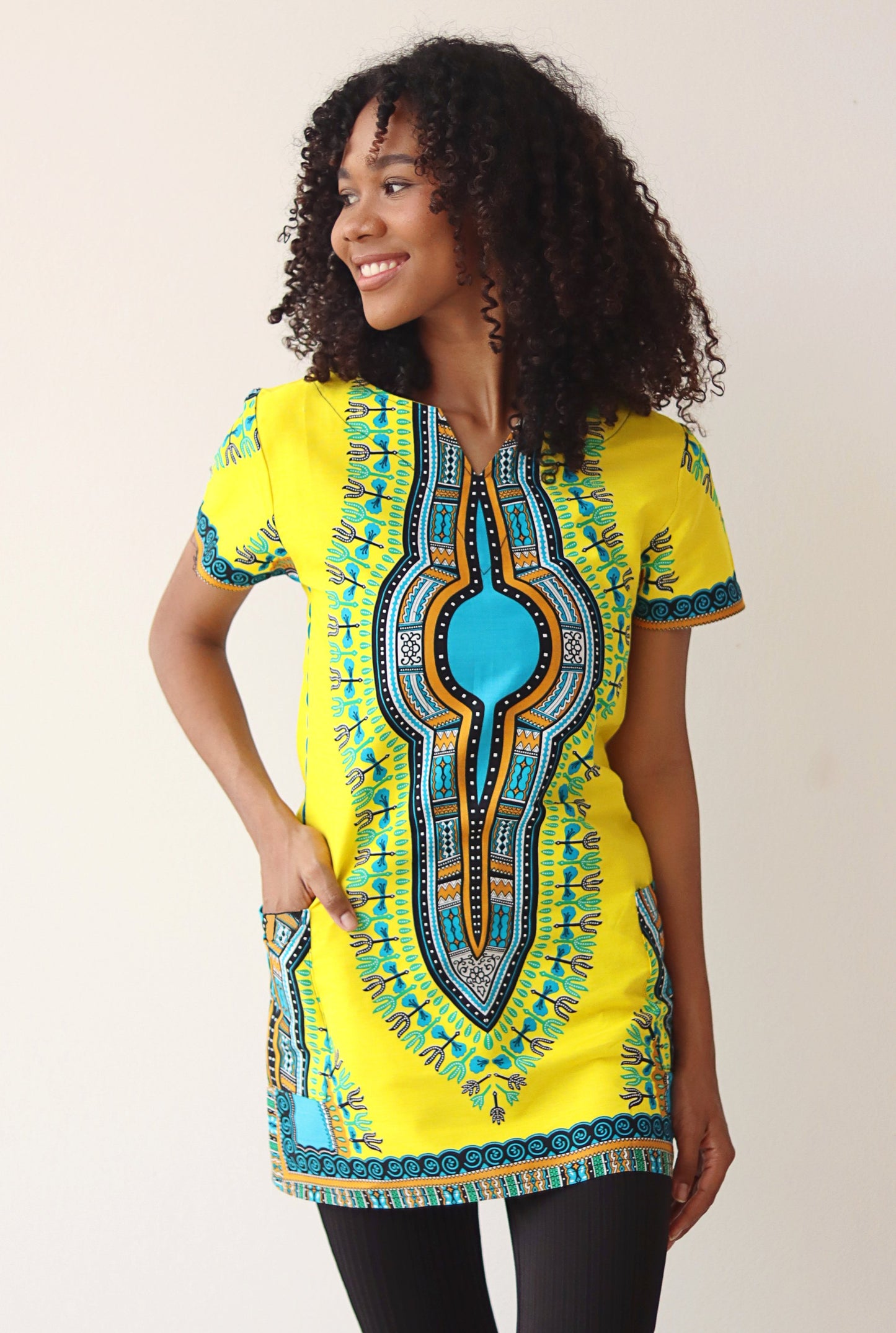African Dashiki Mini Dress - Pocket side with Zipper Back
