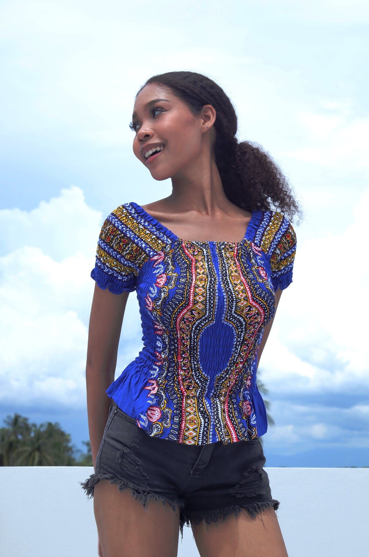 African Dashiki Womens Shirt - Smock Waist Babydoll Short Sleeves