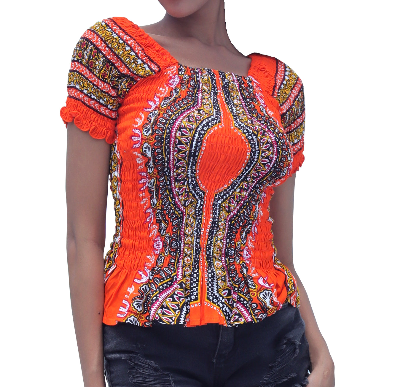 African Dashiki Womens Shirt - Smock Waist Babydoll Short Sleeves