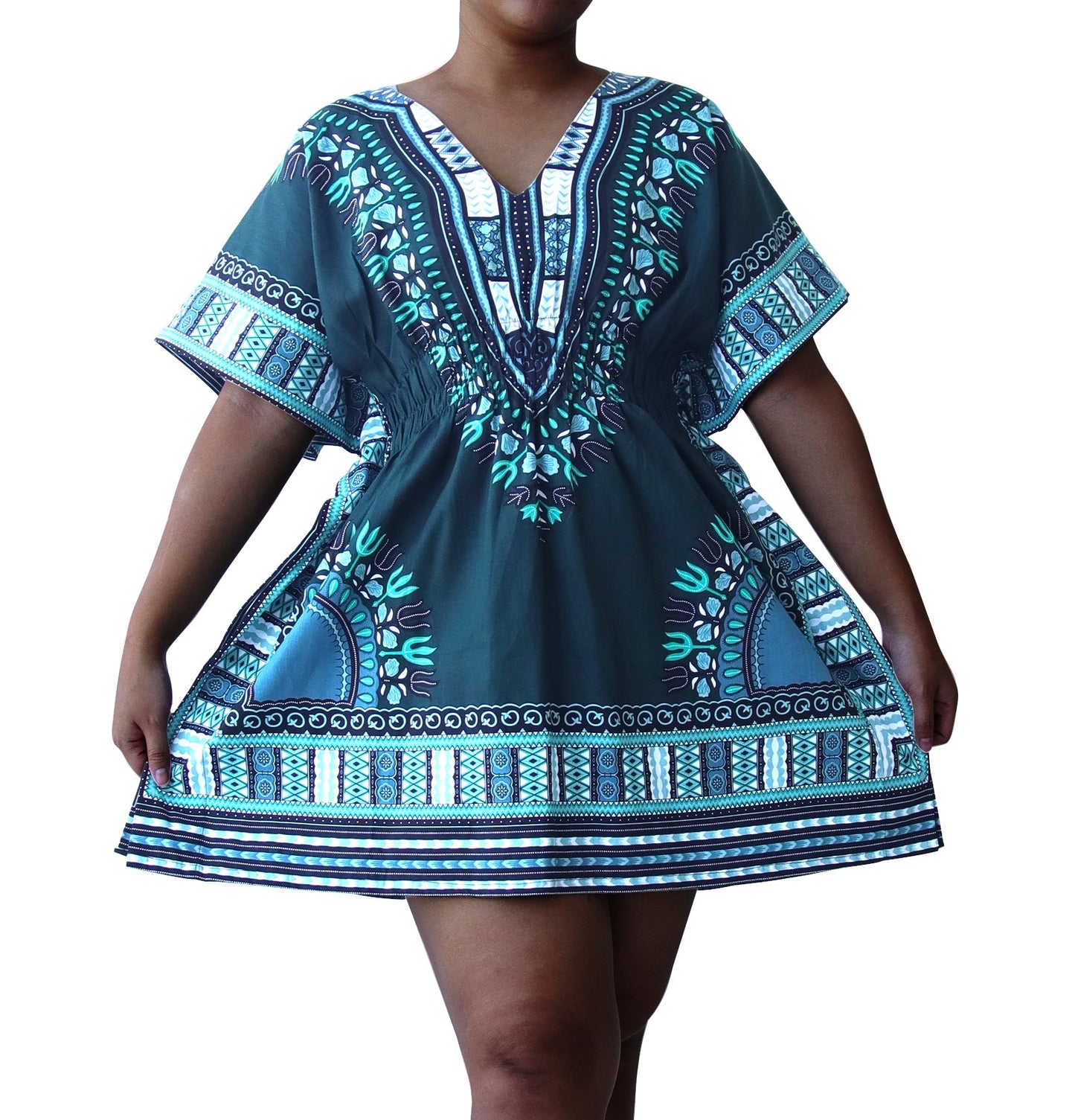 African Dashiki Ledies Shirt - Empire Bust Smocked Dashiki Blouse V-Collar Short Summer Dress