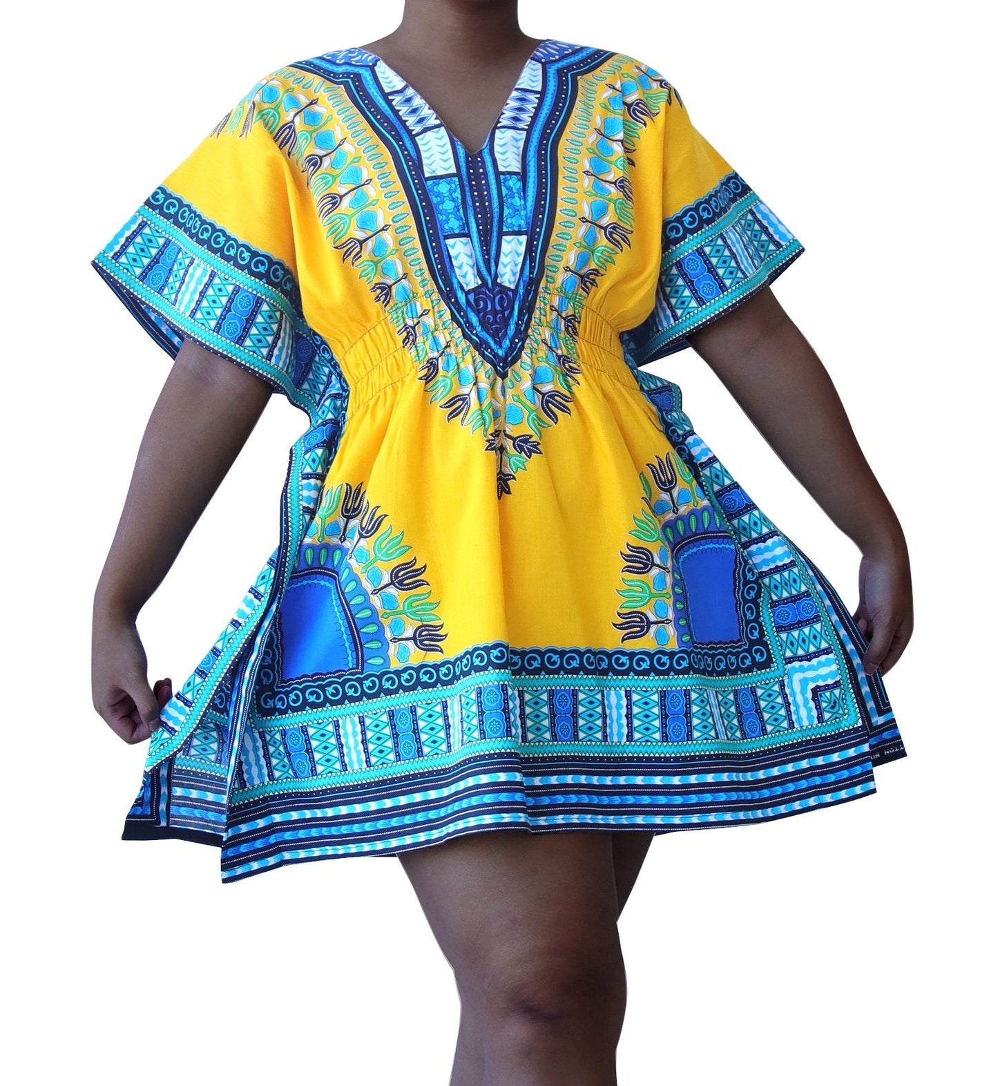 African Dashiki Ledies Shirt - Empire Bust Smocked Dashiki Blouse V-Collar Short Summer Dress