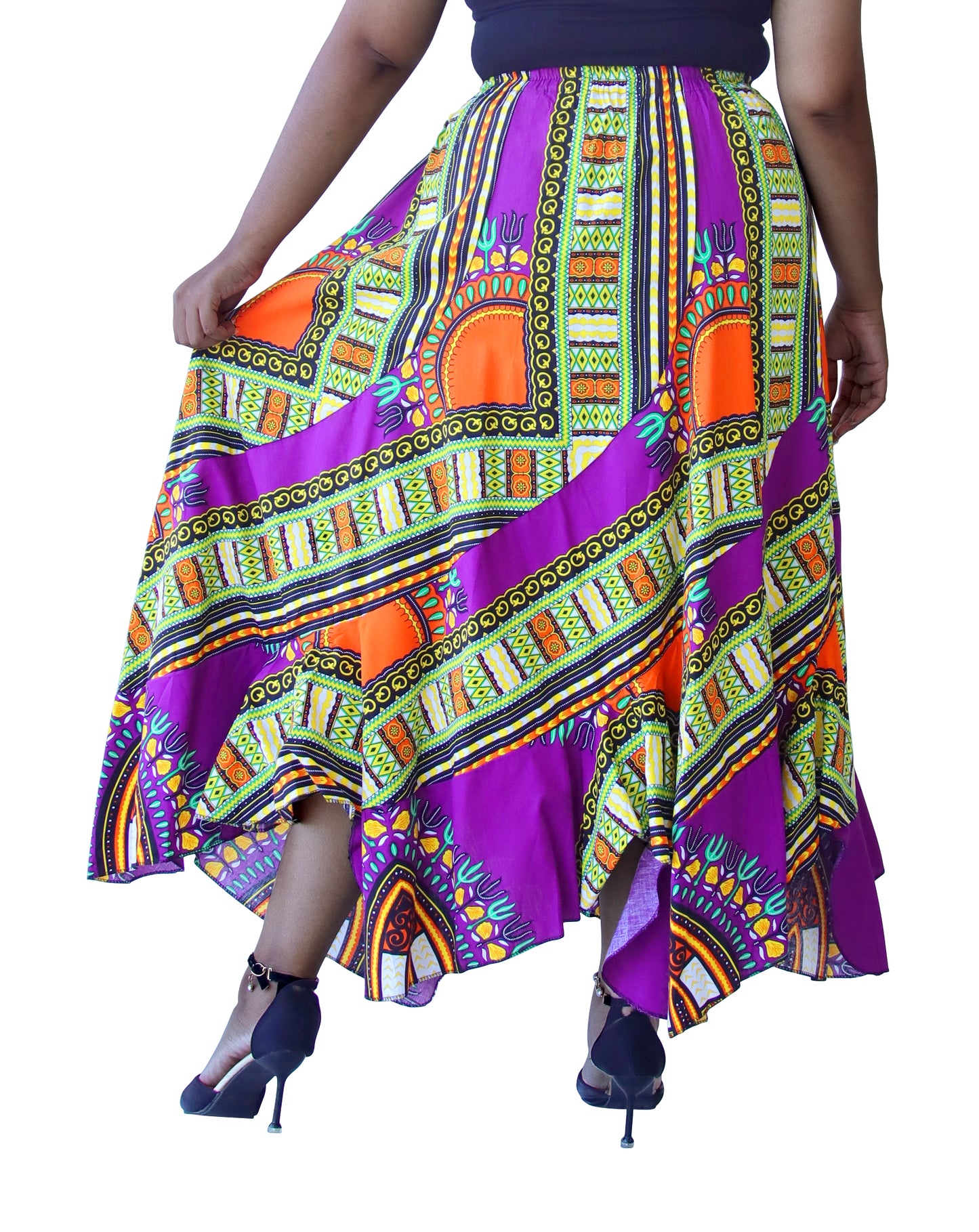 DA'IKI Wild Festival Flamenco Dancing Skirt Dashiki Patch Long with Elastic Waist