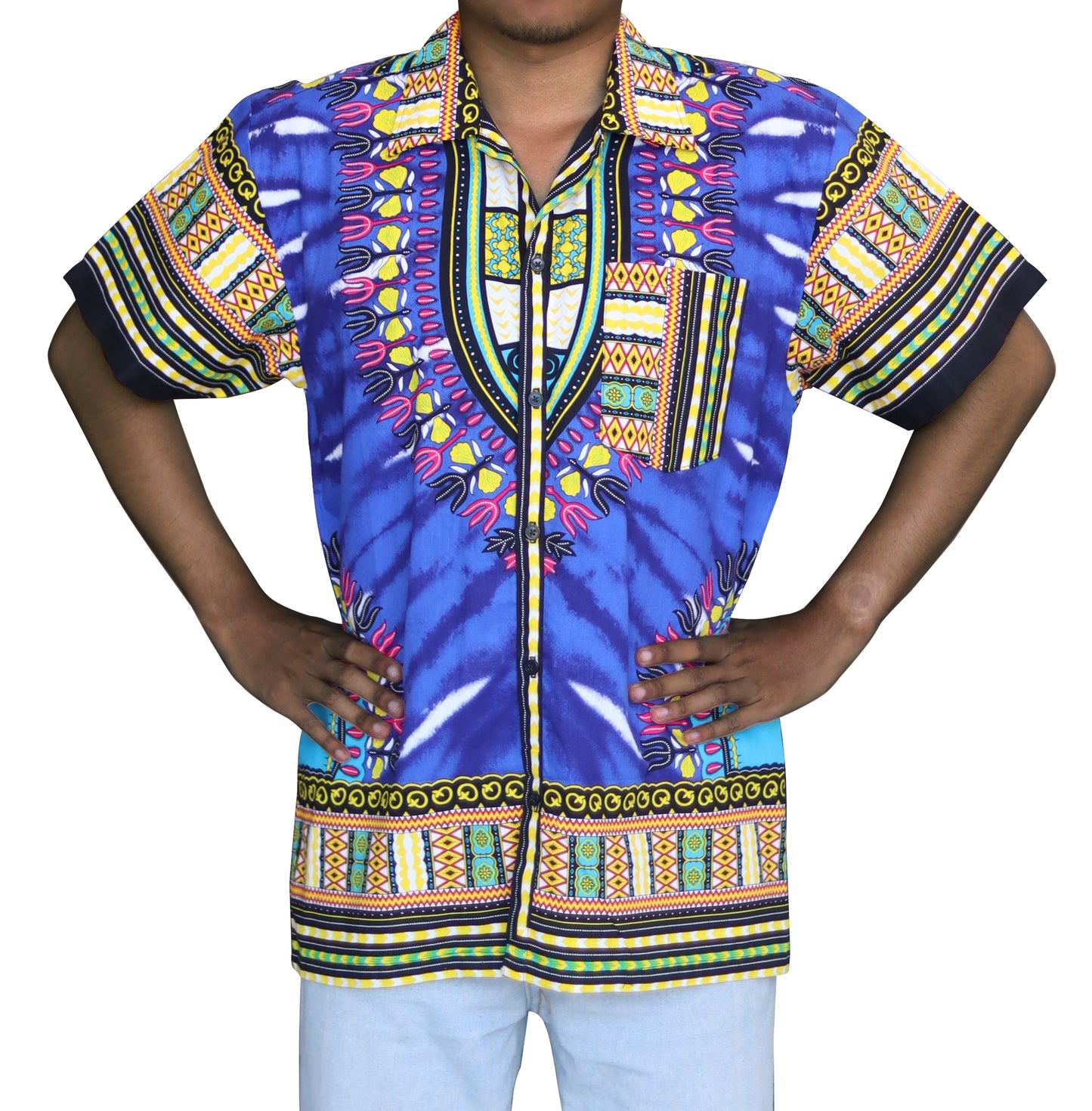Pure Cotton Hawaiian Shirt Large Collar in African Dashiki Artwork