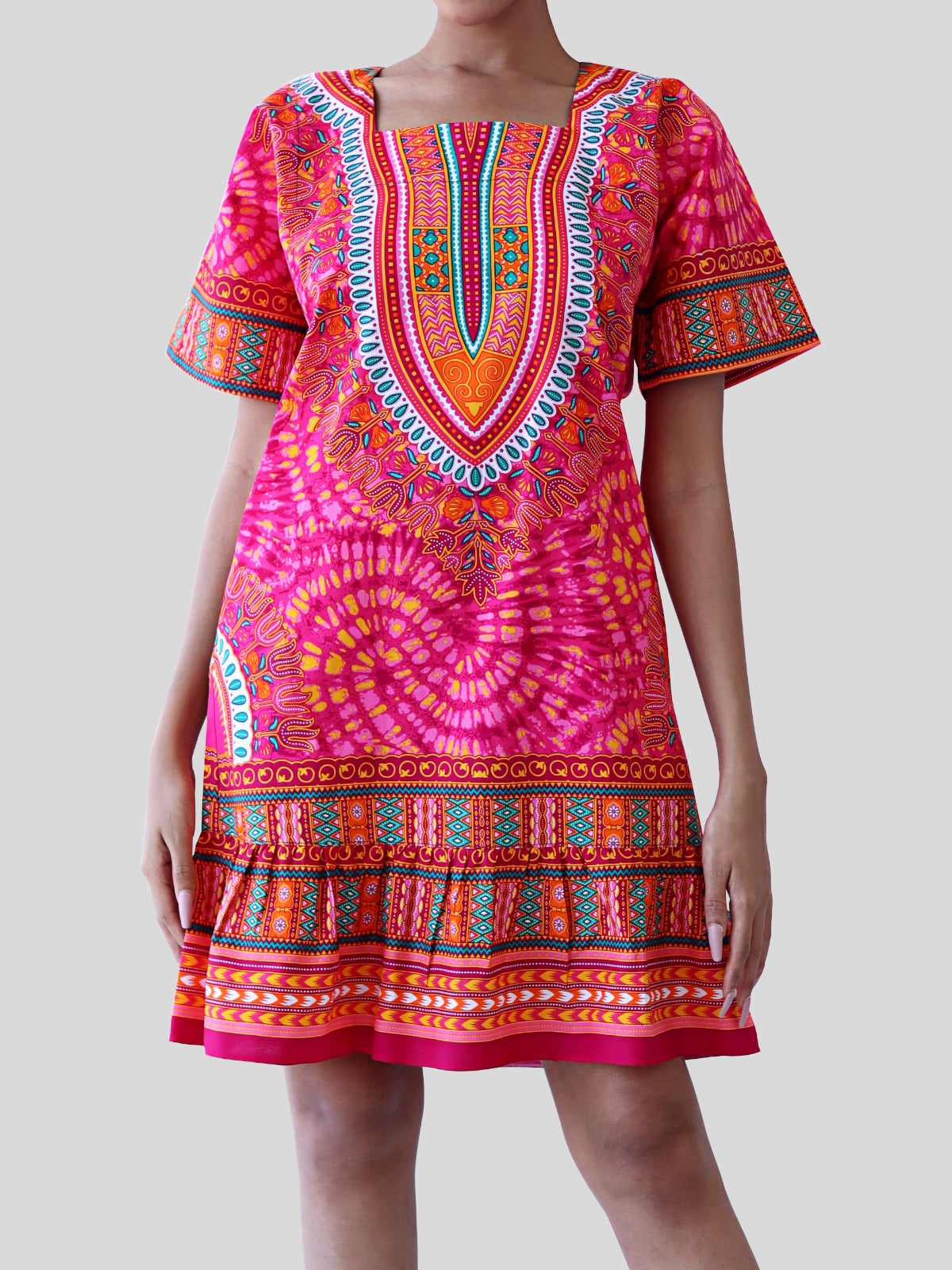 African Dashiki Dress - Women's Boho Ruffle Short Dress with Pockets Dashiki African Dashiki Dress - Women's Boho Ruffle Short Dress with Pockets Dashiki