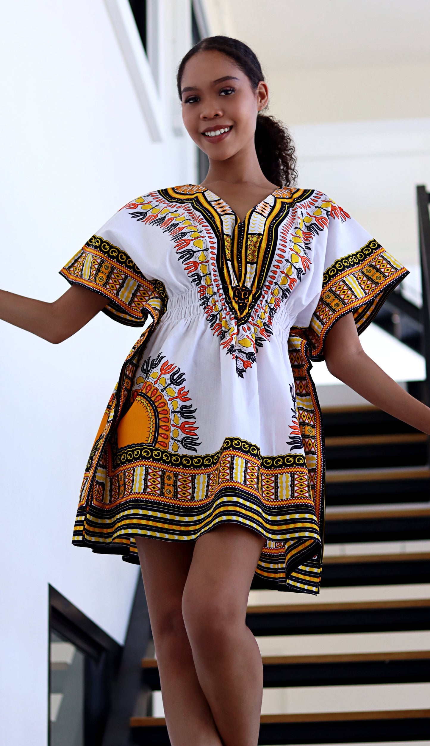 African Dashiki Ledies Shirt - Empire Bust Smocked Dashiki Blouse V-Collar Short Summer Dress