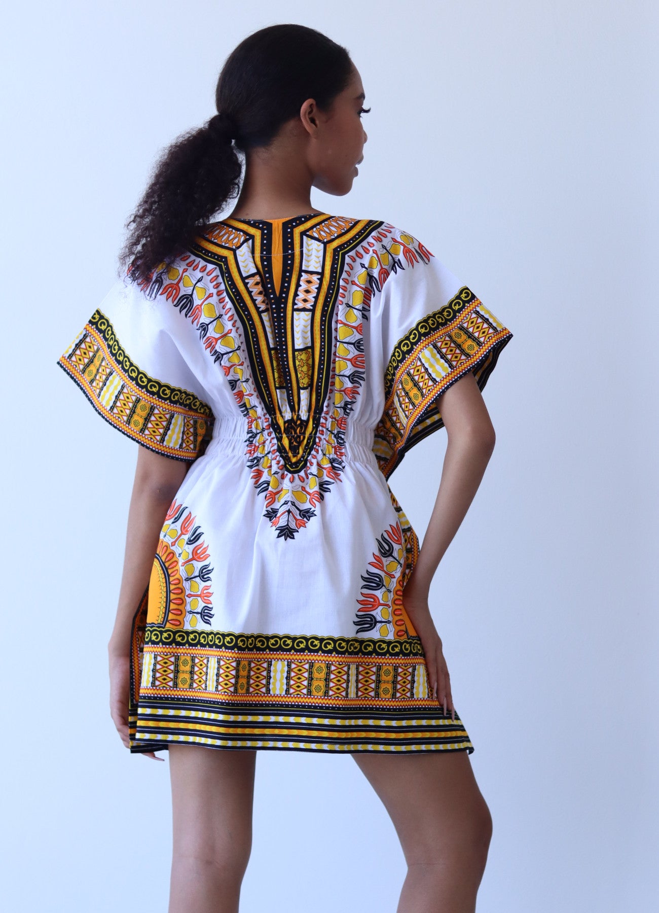 African Dashiki Ledies Shirt - Empire Bust Smocked Dashiki Blouse V-Collar Short Summer Dress
