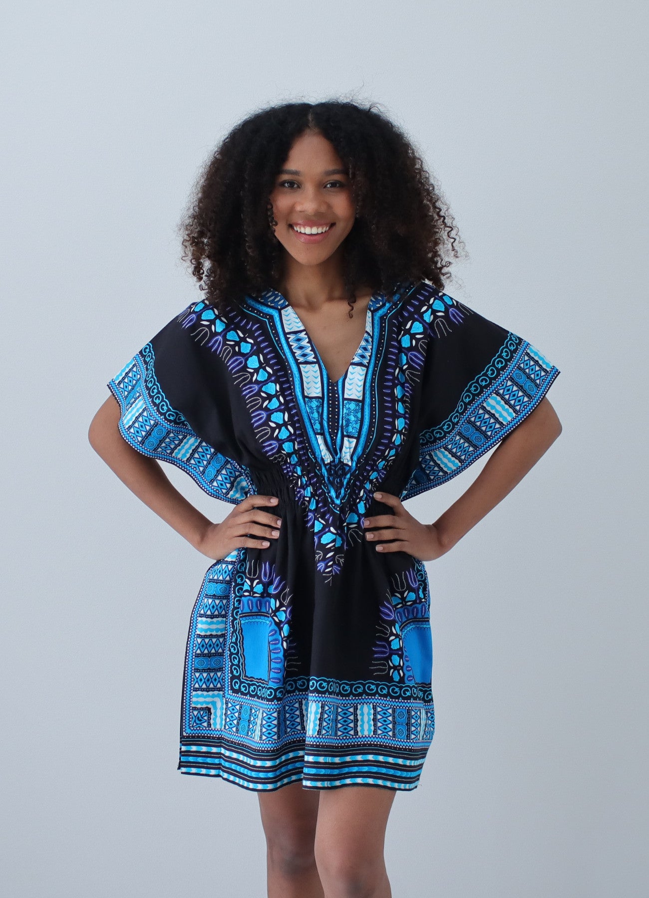 African Dashiki Ledies Shirt - Empire Bust Smocked Dashiki Blouse V-Collar Short Summer Dress