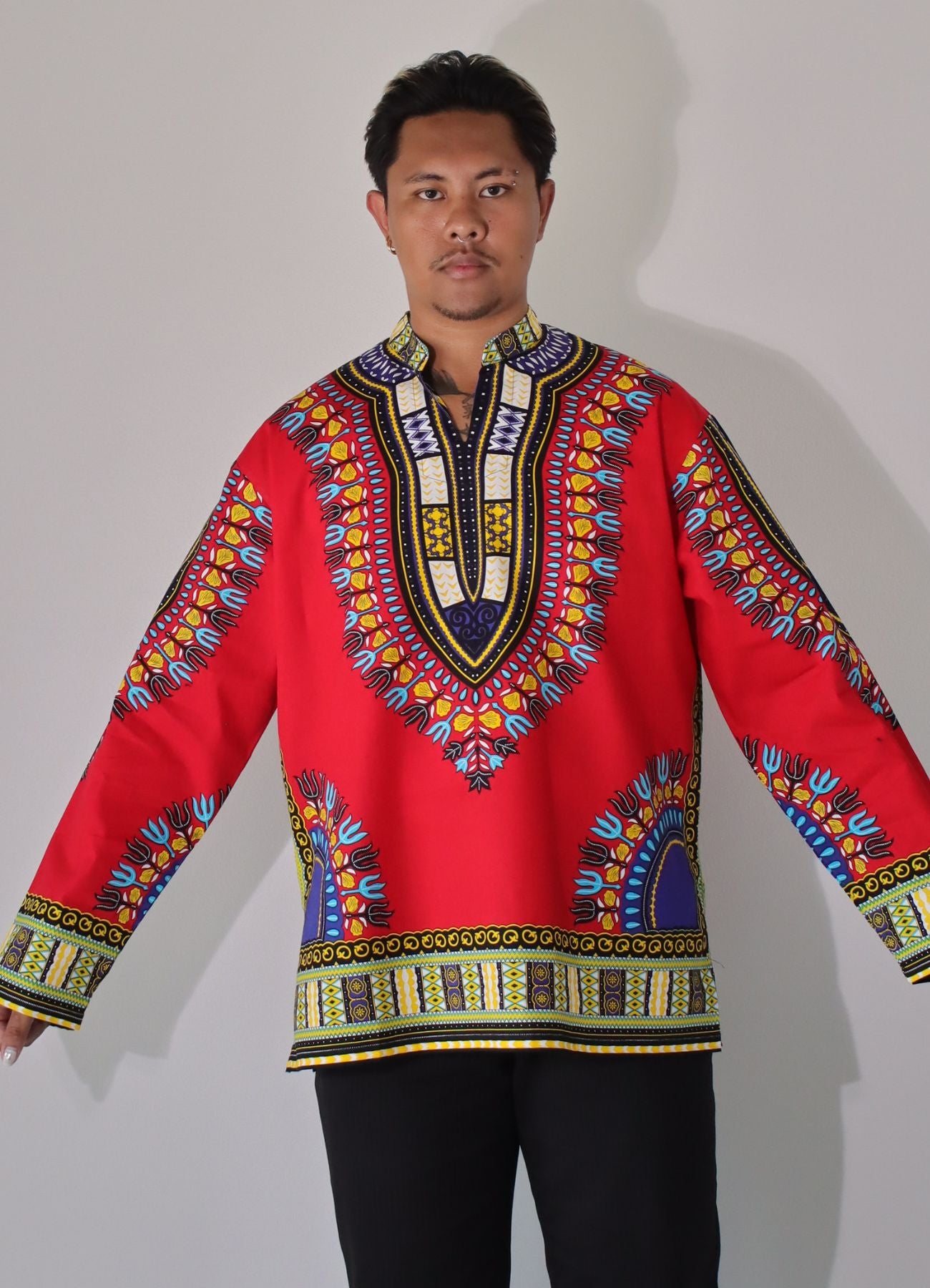 African Dashiki Long Sleeve Shirt - Chinese Mandarin Stand Up Collar
