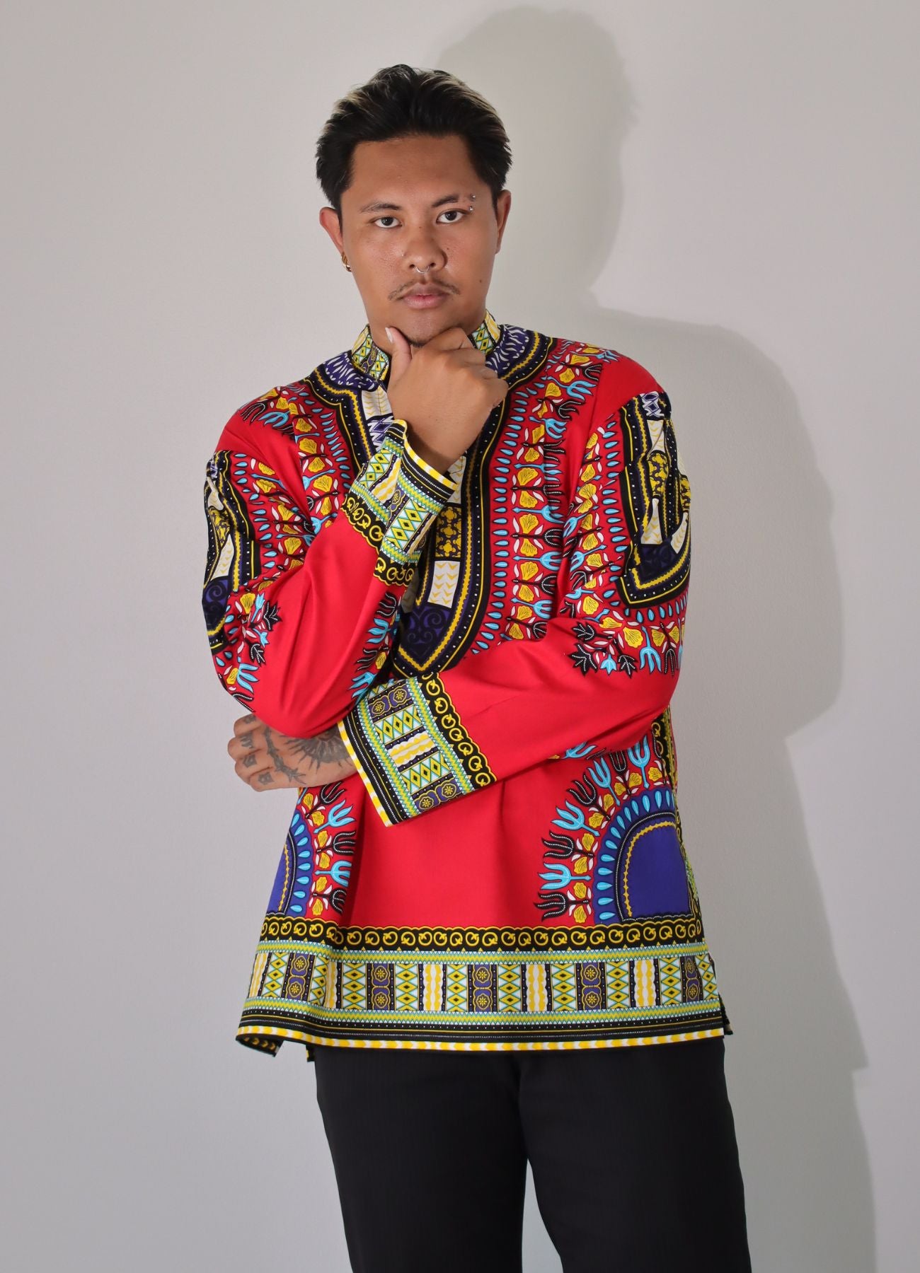 African Dashiki Long Sleeve Shirt - Chinese Mandarin Stand Up Collar