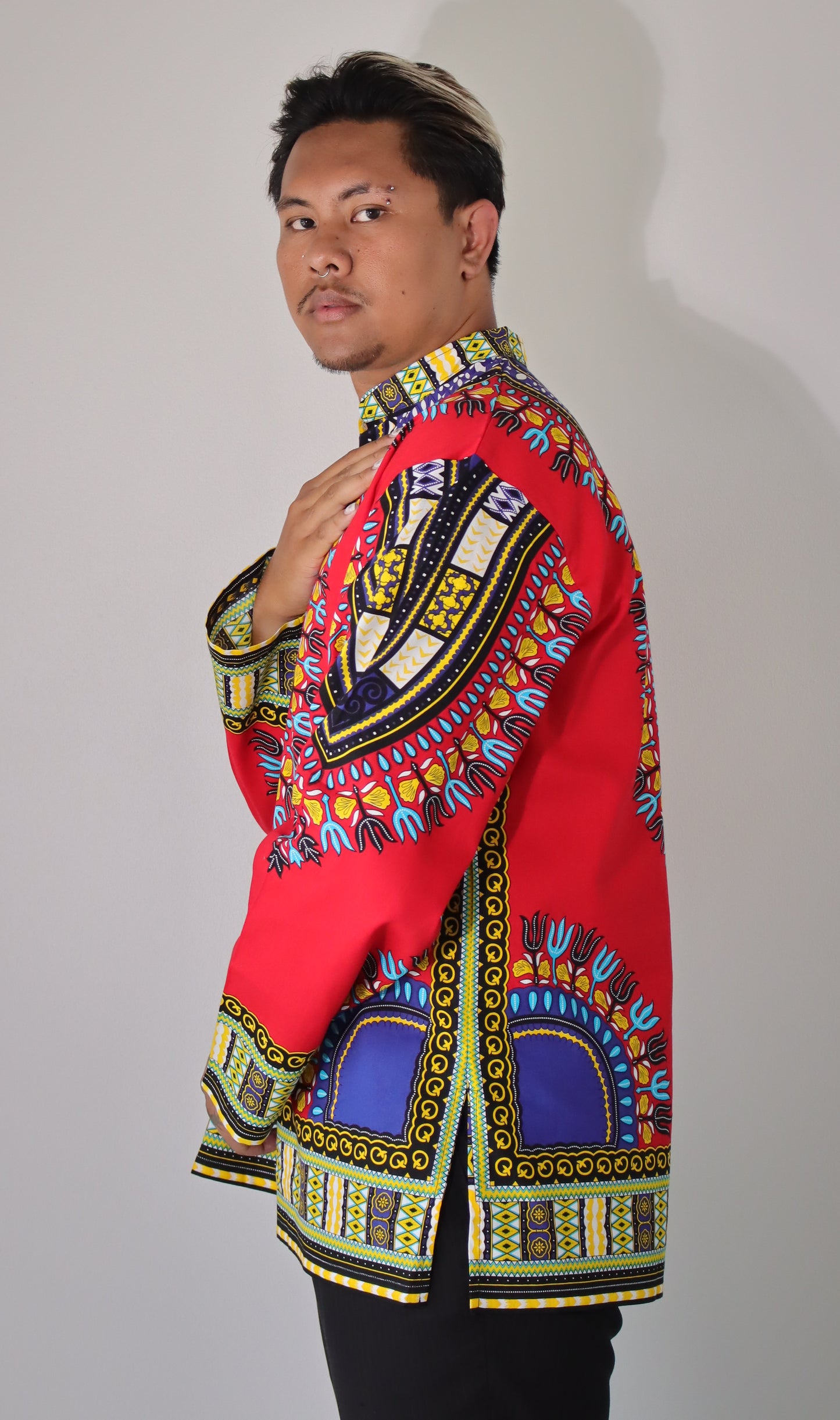 African Dashiki Long Sleeve Shirt - Chinese Mandarin Stand Up Collar