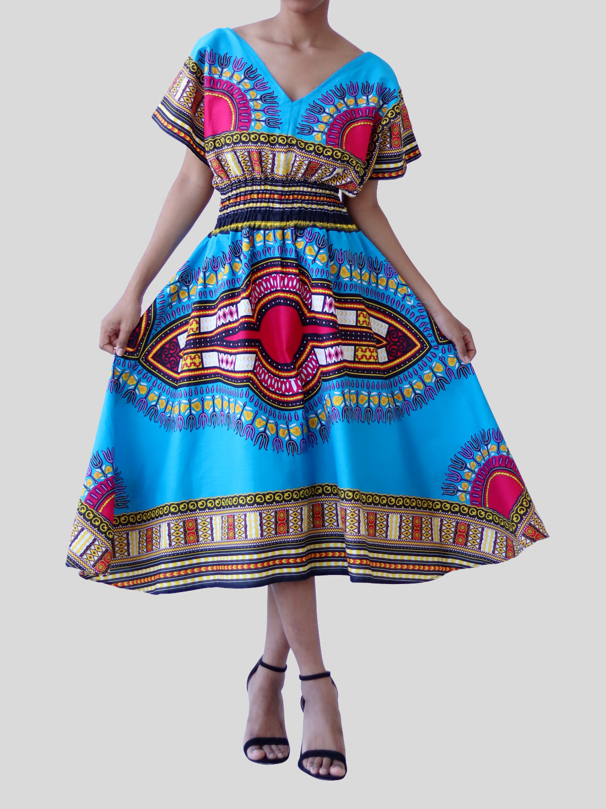 African Dashiki Dress - Round V Collar Smock Waist Colours Da'Iki African Dashiki Dress - Round V Collar Smock Waist Colours Da'Iki