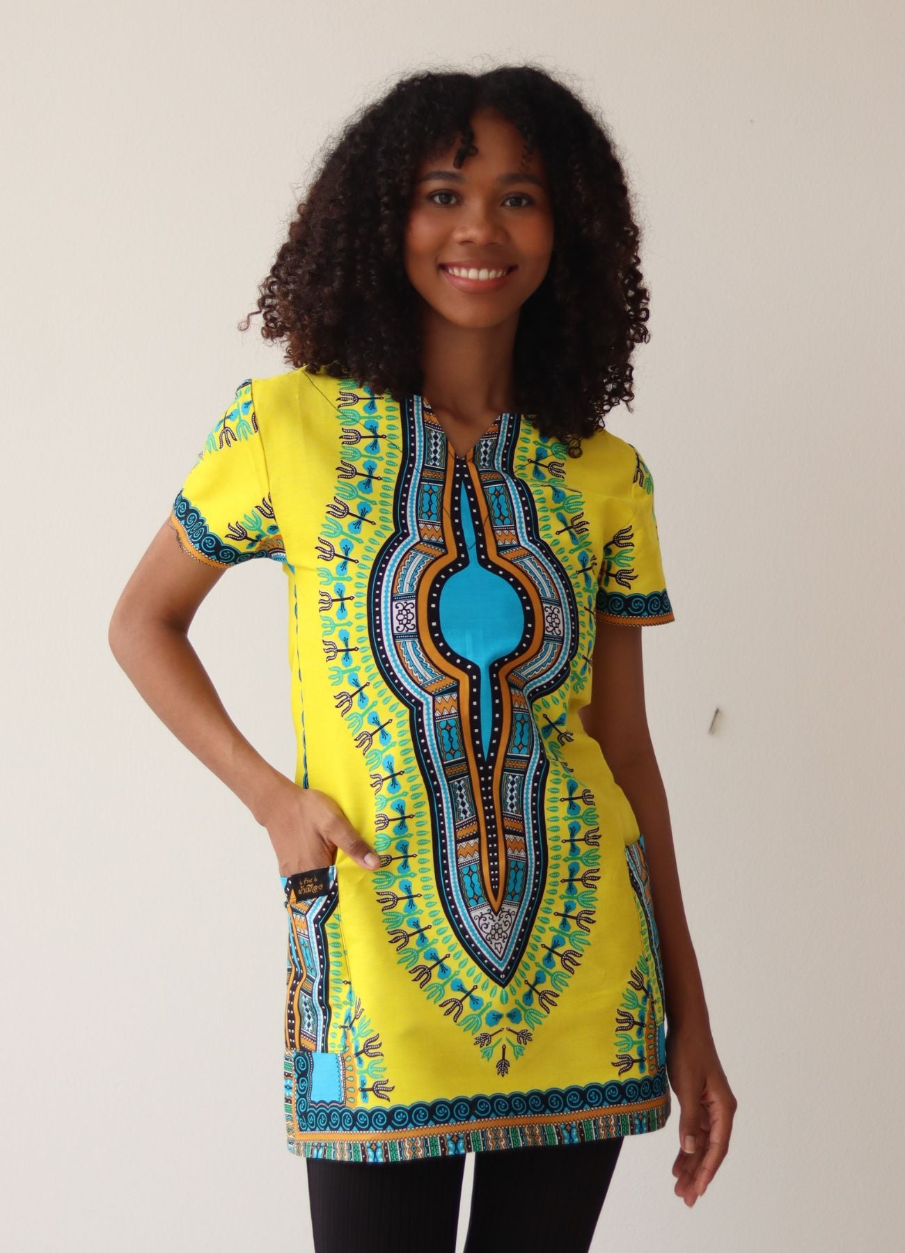 African Dashiki Mini Dress - Pocket side with Zipper Back