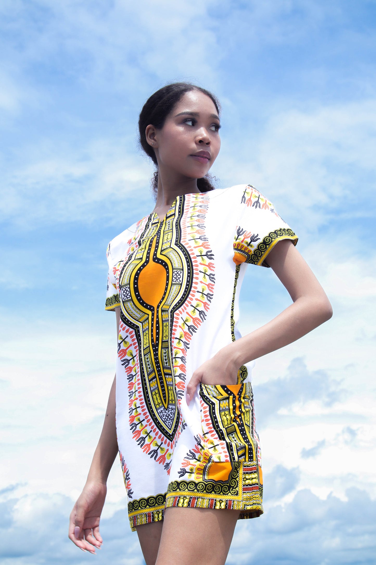 African Dashiki Mini Dress - Pocket side with Zipper Back