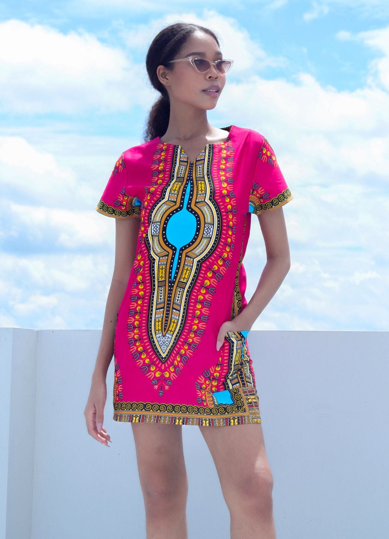 African Dashiki Mini Dress - Pocket side with Zipper Back