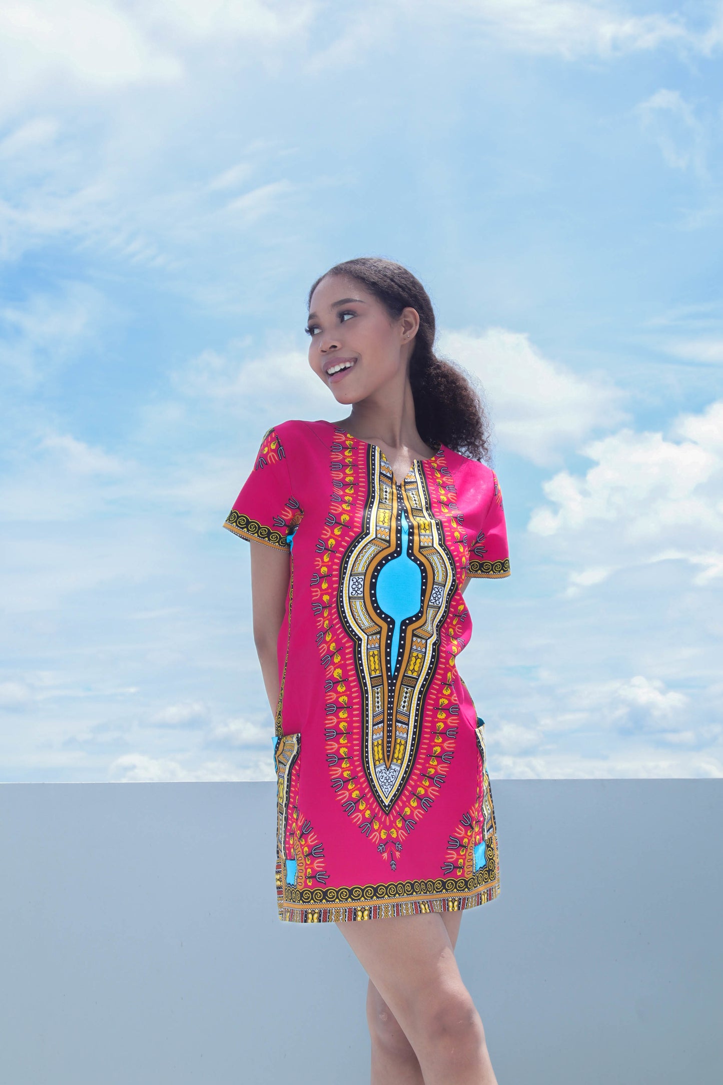 African Dashiki Mini Dress - Pocket side with Zipper Back