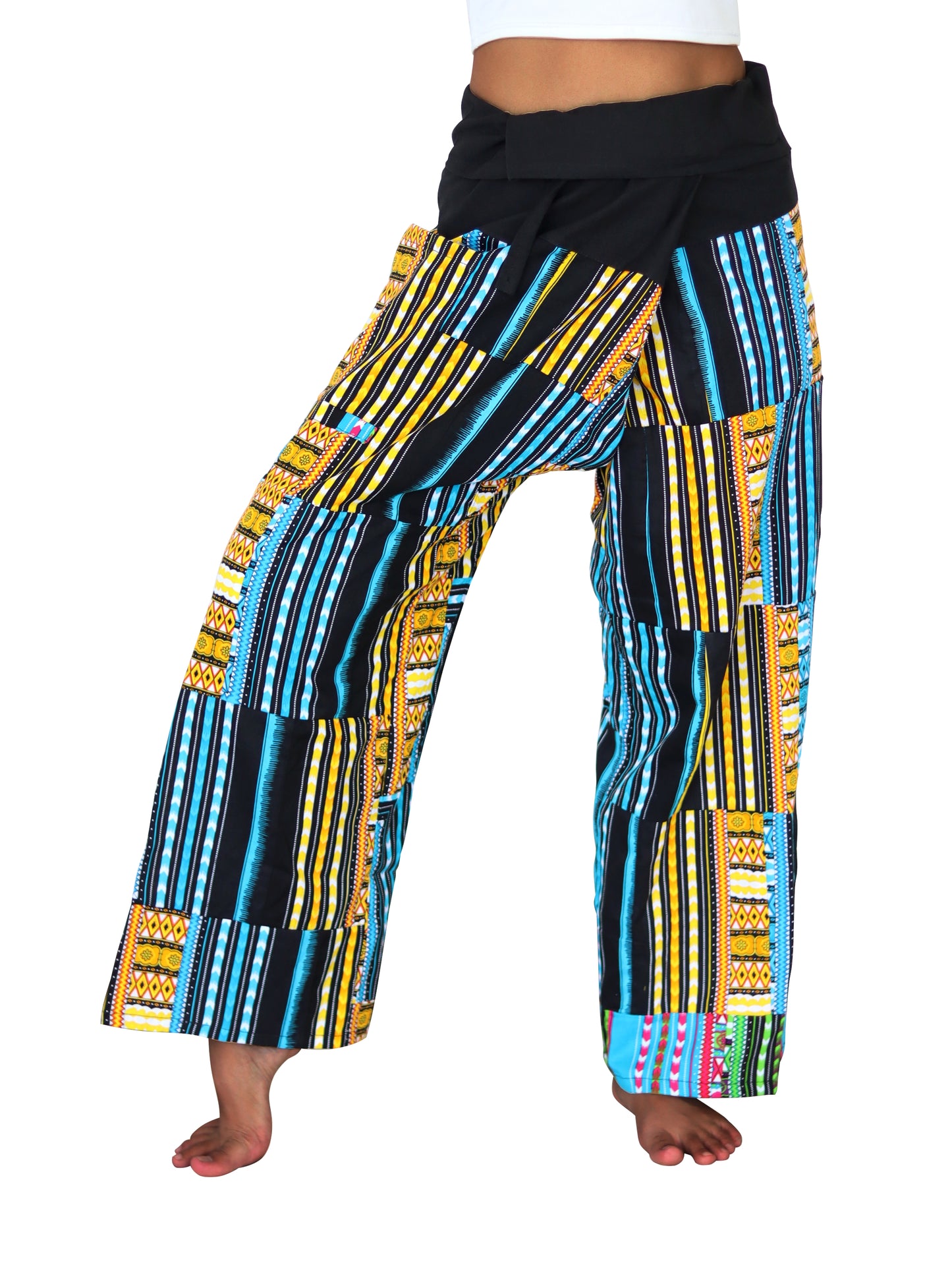 DA'IKI Cotton Patch African Black Ankara Stripe Unisex Loose Wrap Dance Pants
