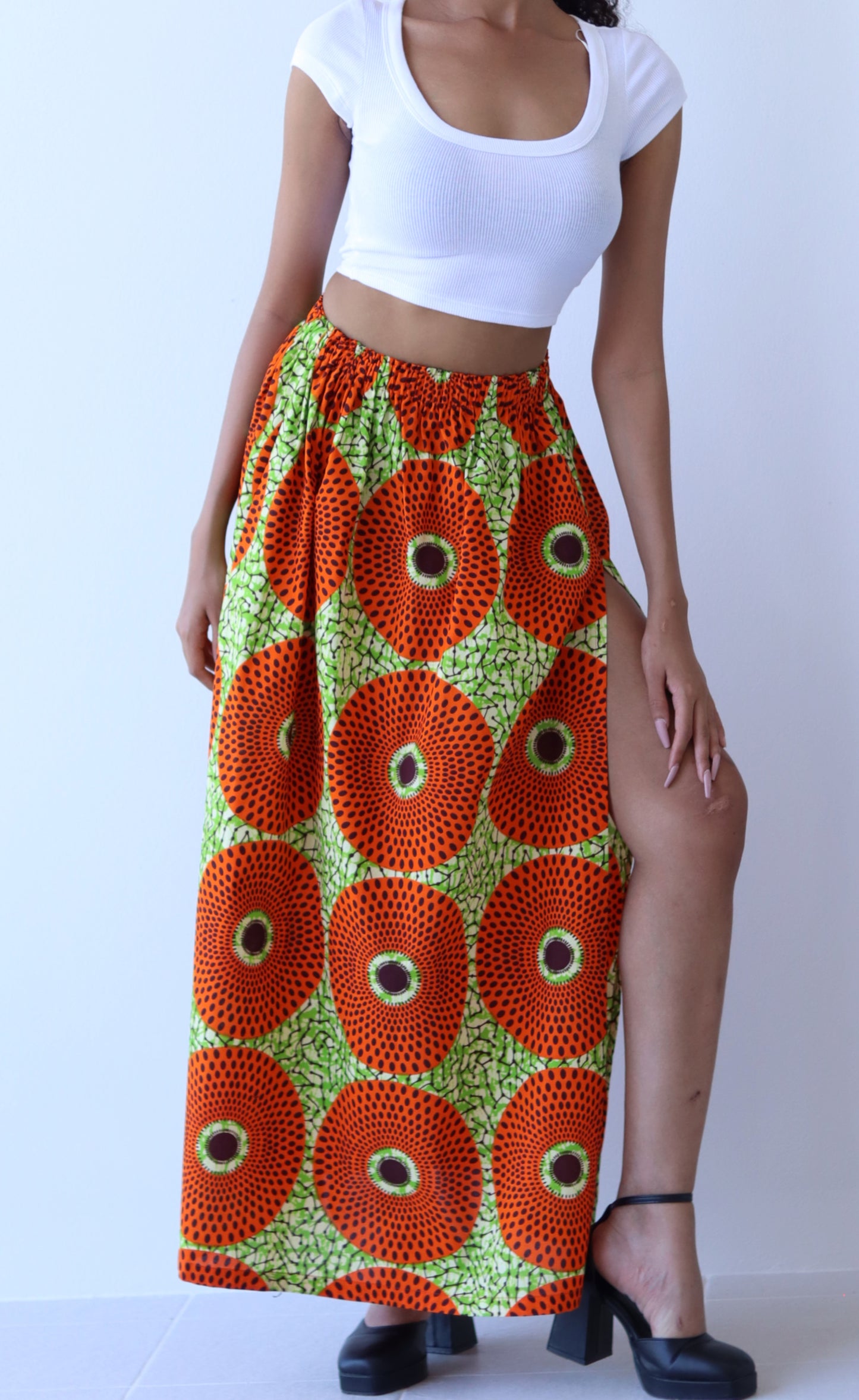 African Dashiki Skirt Side Slit - Kente Ankara Art Print Elastic Waist Dance Skirt