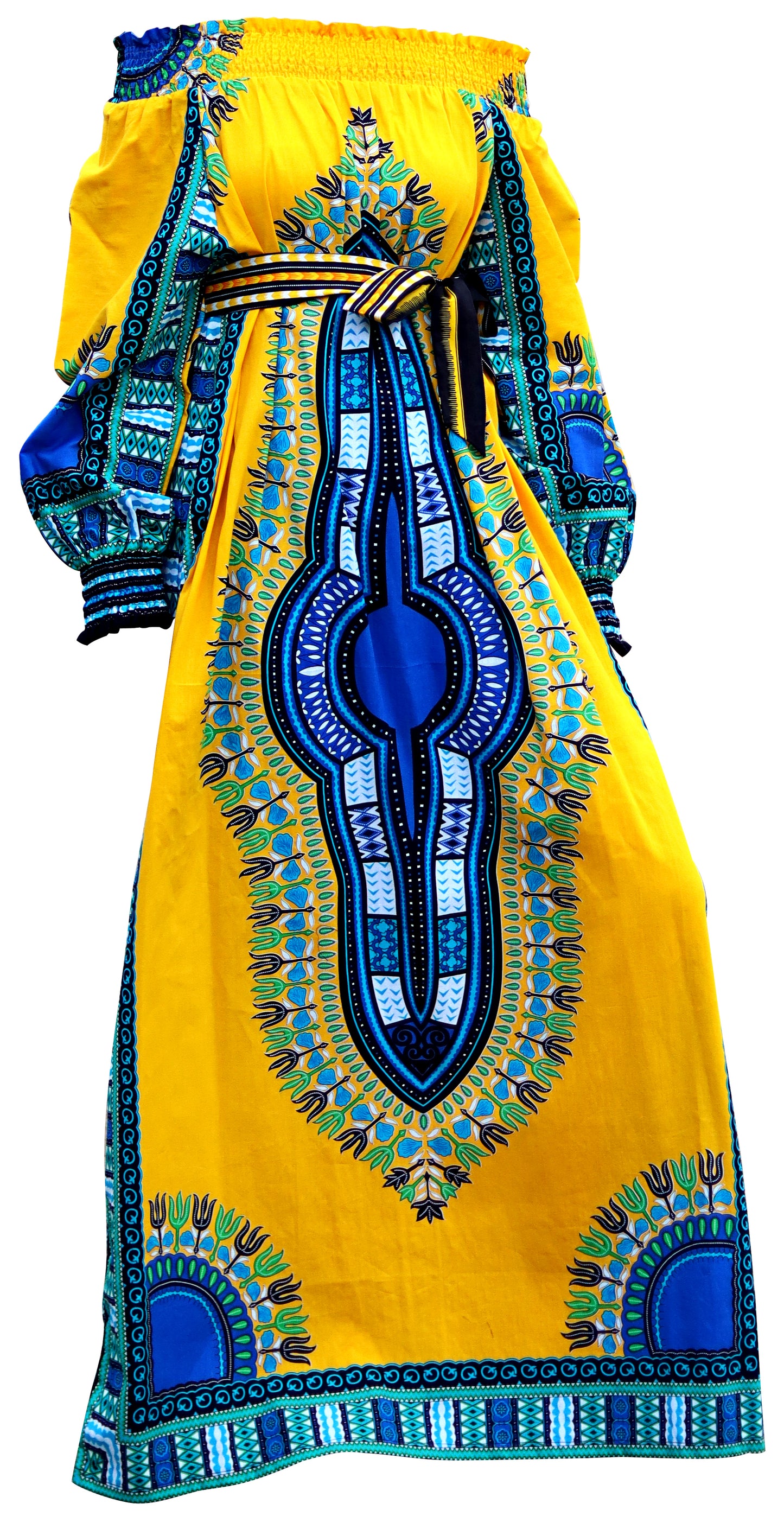 African Dashiki Long Dress - Long Sleeve Off Shoulder Shirt