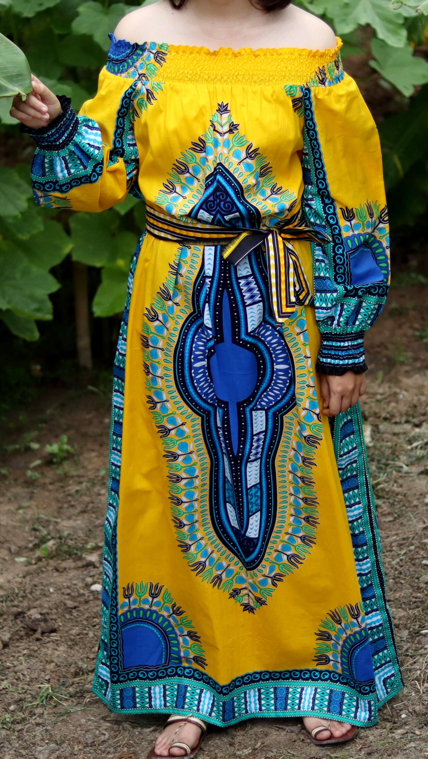 African Dashiki Long Dress - Long Sleeve Off Shoulder Shirt