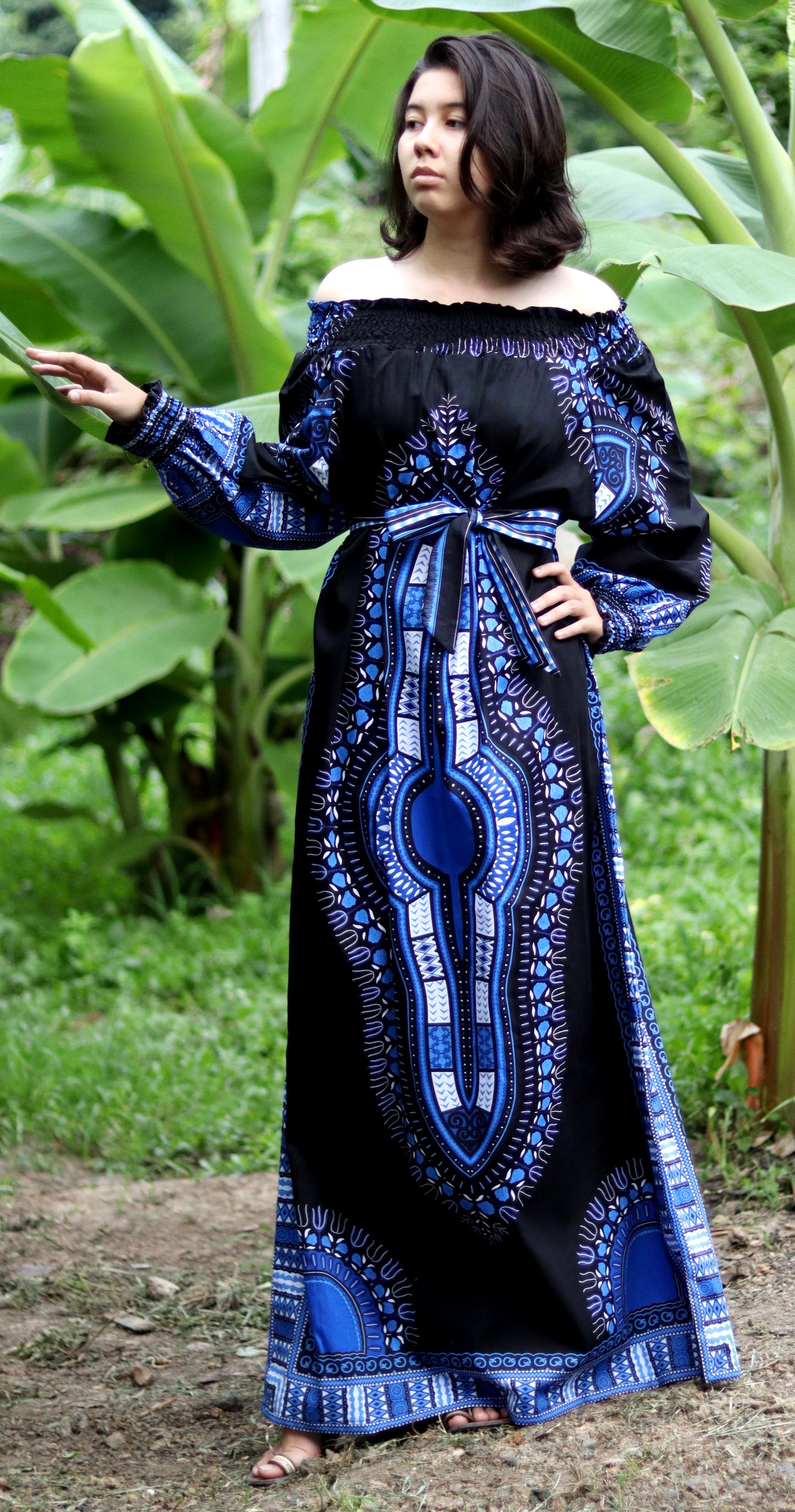 African Dashiki Long Dress - Long Sleeve Off Shoulder Shirt