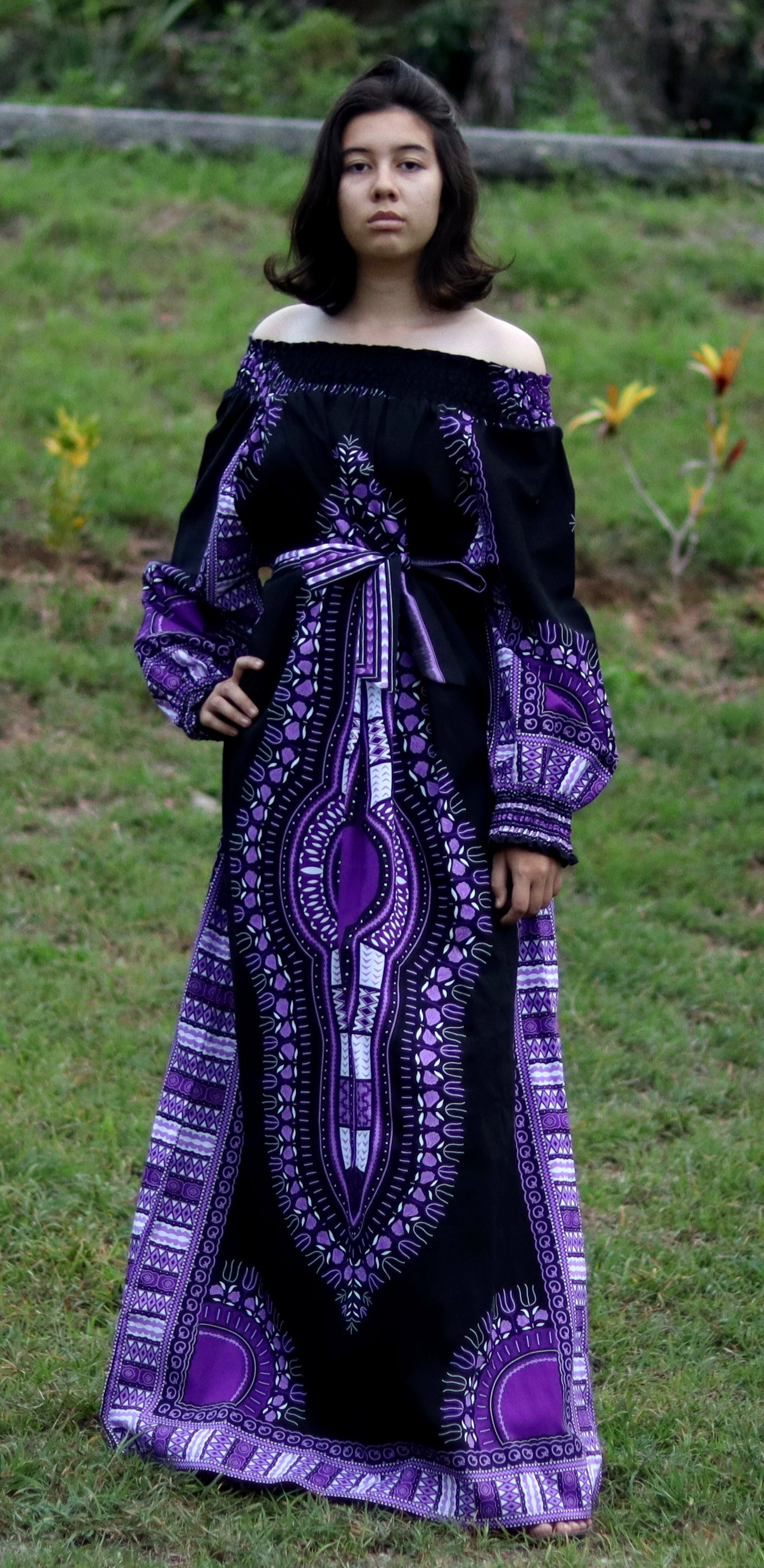 African Dashiki Long Dress - Long Sleeve Off Shoulder Shirt