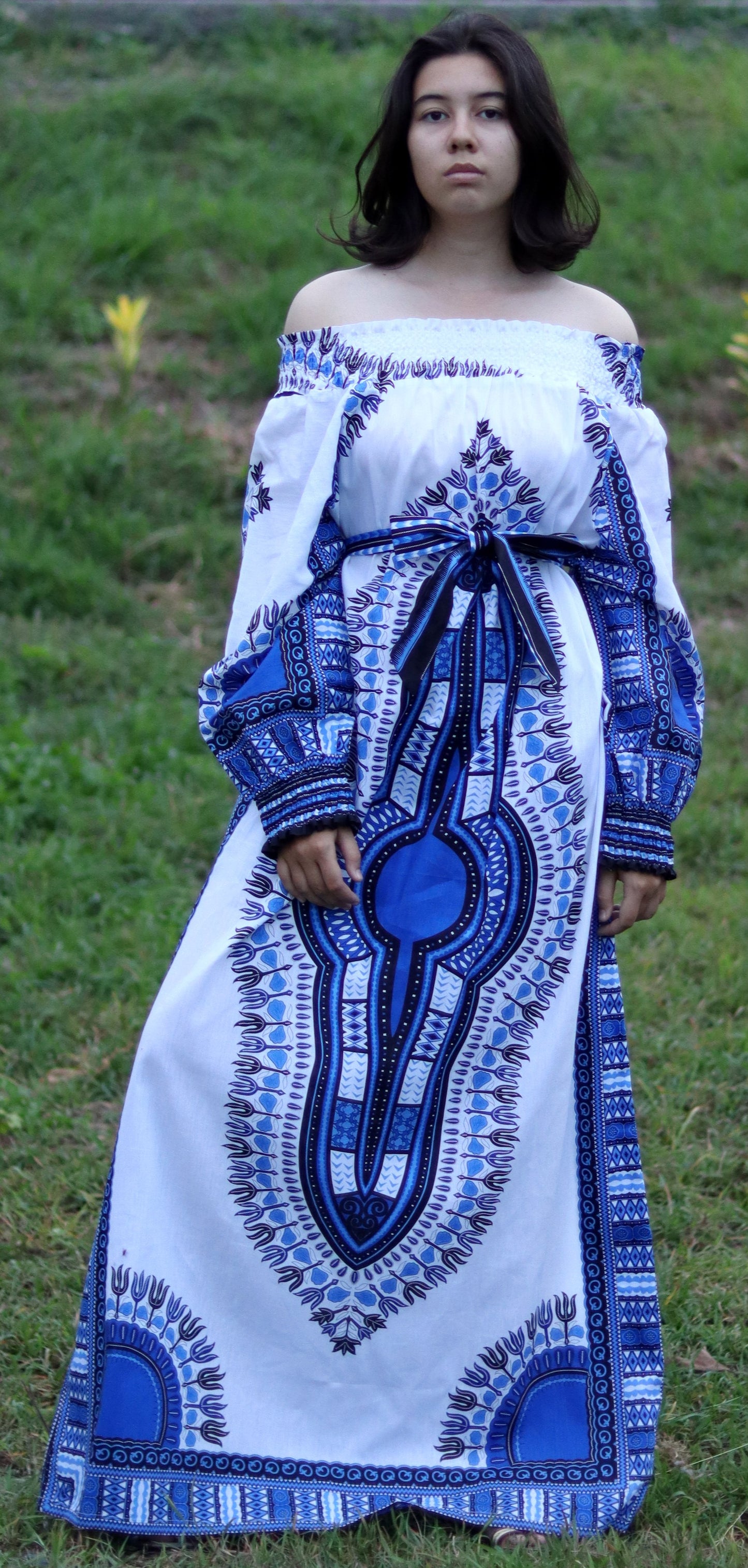 African Dashiki Long Dress - Long Sleeve Off Shoulder Shirt