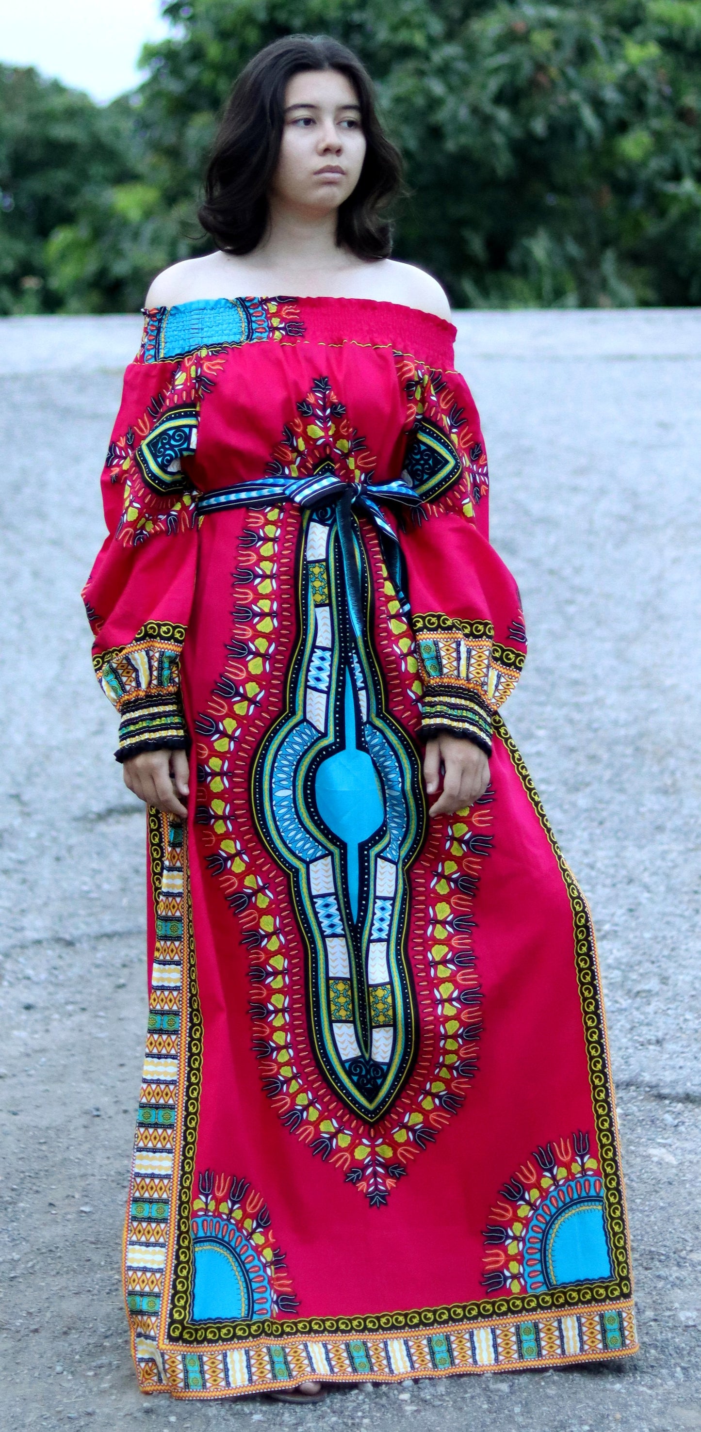 African Dashiki Long Dress - Long Sleeve Off Shoulder Shirt