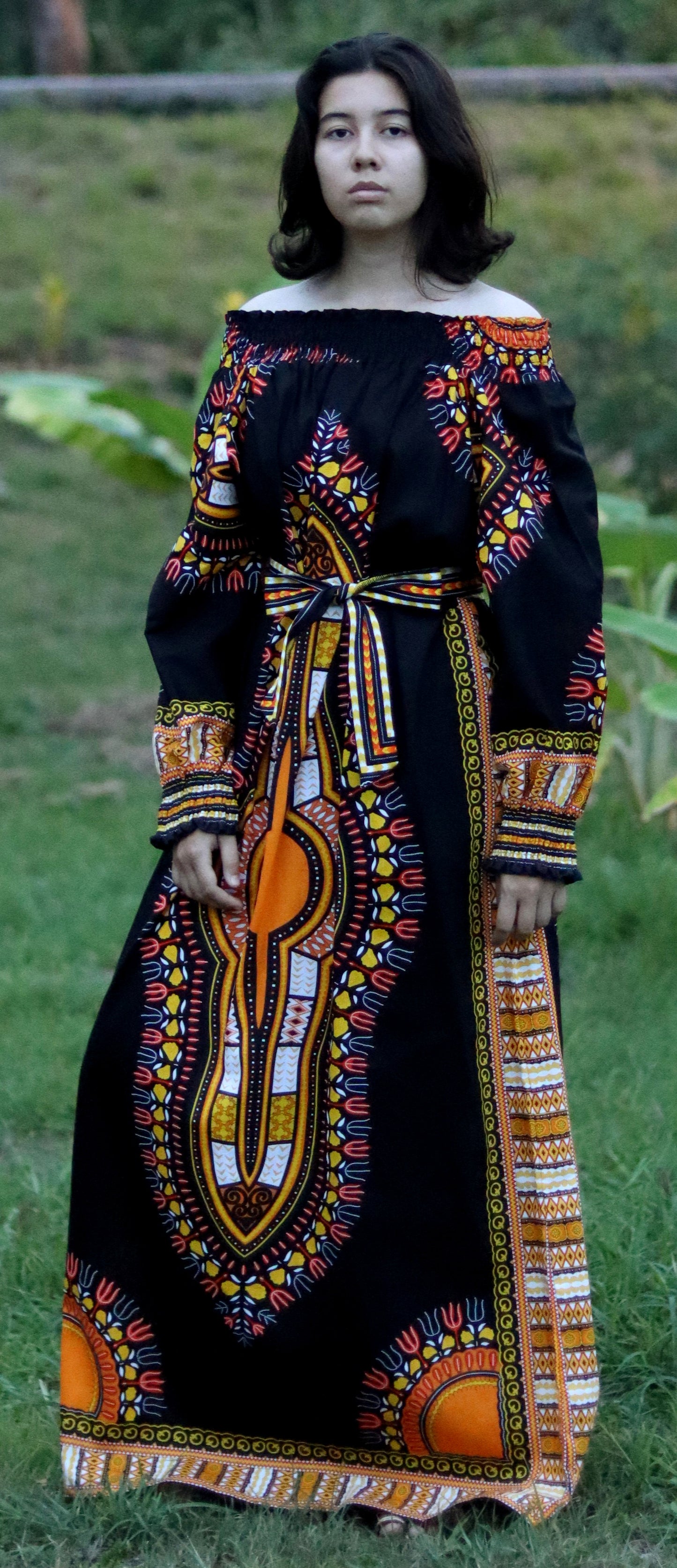 African Dashiki Long Dress - Long Sleeve Off Shoulder Shirt