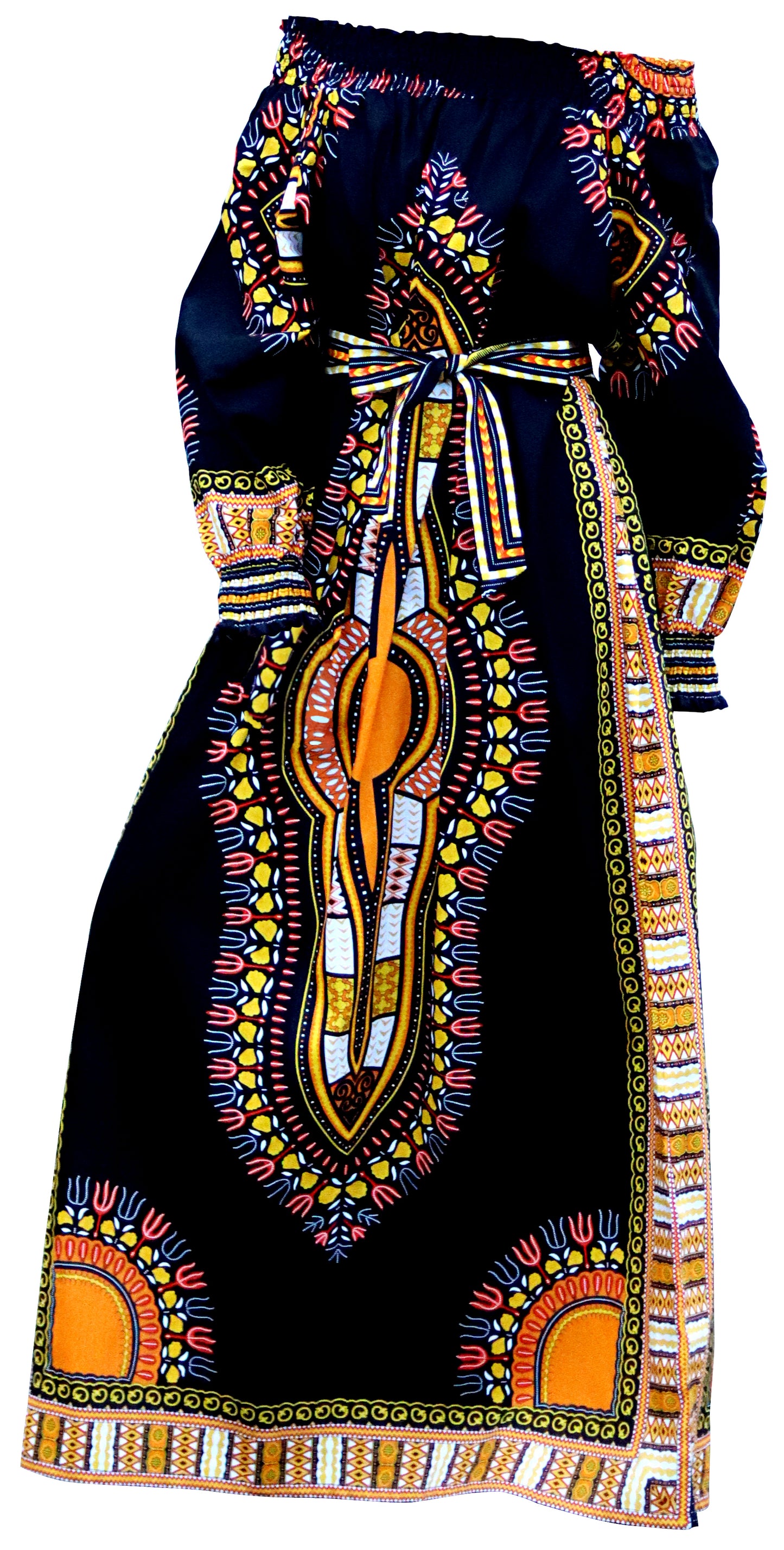 African Dashiki Long Dress - Long Sleeve Off Shoulder Shirt