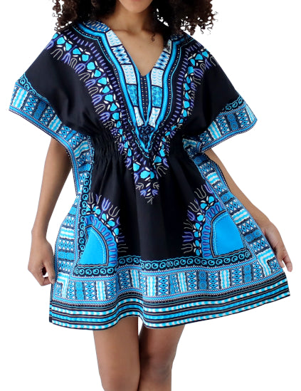 African Dashiki Ledies Shirt - Empire Bust Smocked Dashiki Blouse V-Collar Short Summer Dress