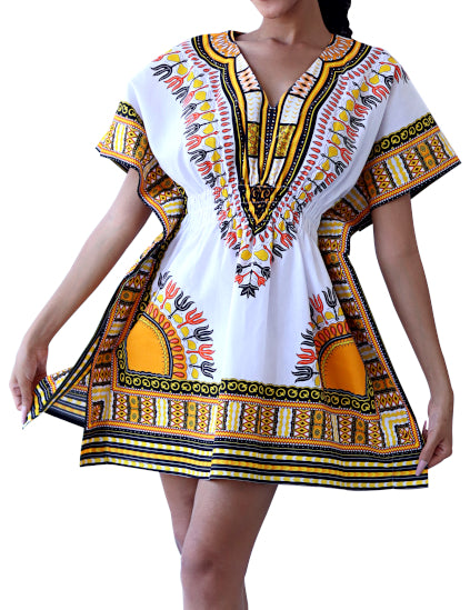 African Dashiki Ledies Shirt - Empire Bust Smocked Dashiki Blouse V-Collar Short Summer Dress