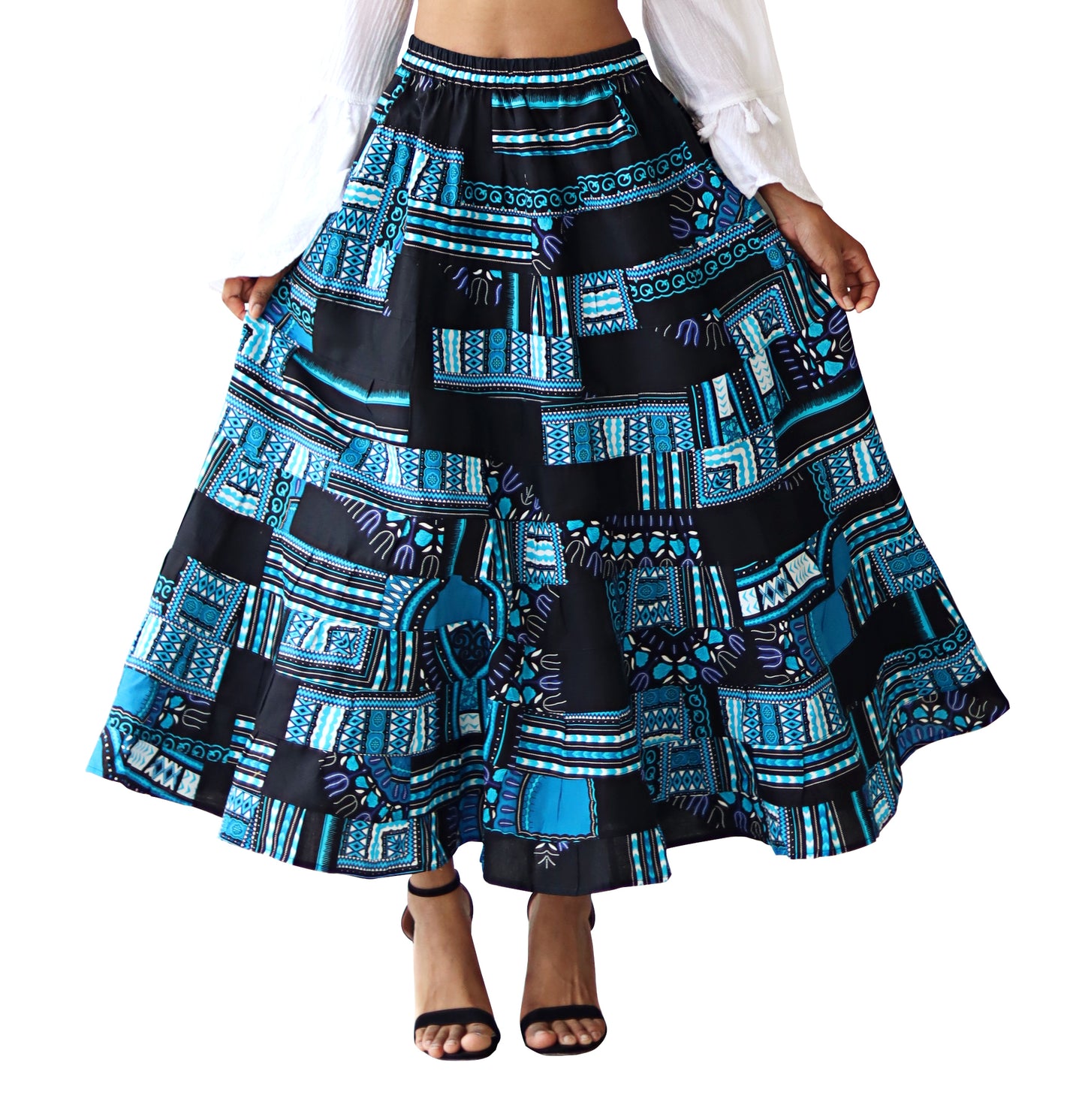 African Dashiki Skirt 14 Layer Flowing - In Bright Multi Color Patches