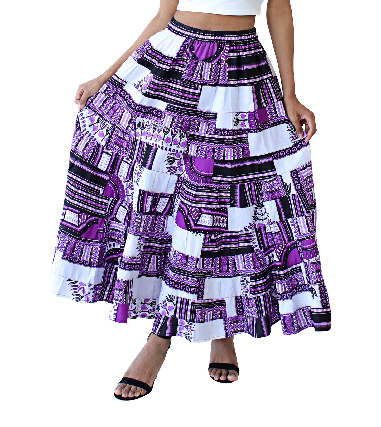 African Dashiki Skirt 14 Layer Flowing - In Bright Multi Color Patches