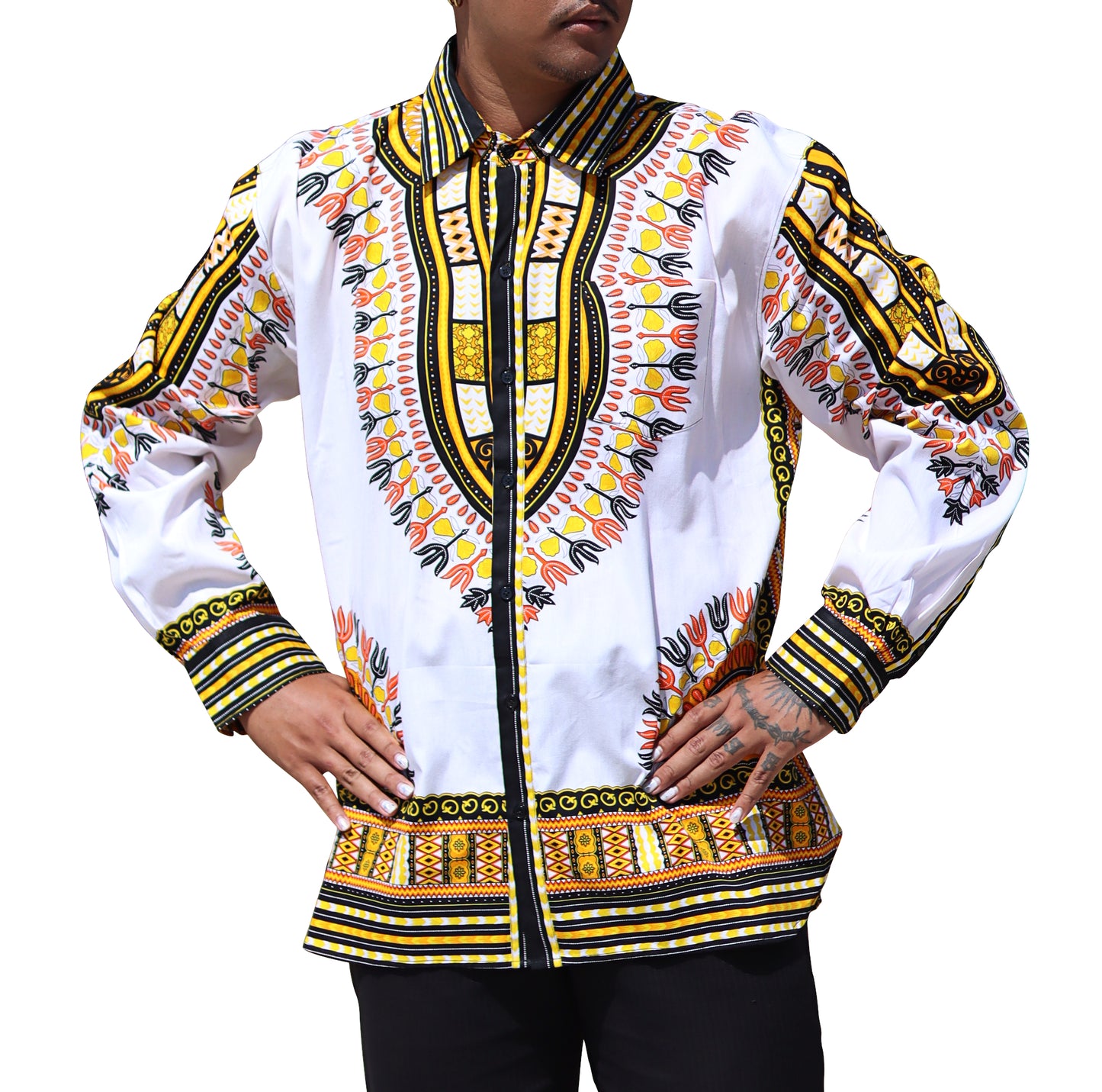 African Dashiki Long Sleeve Shirt - Euro Collar Buttons