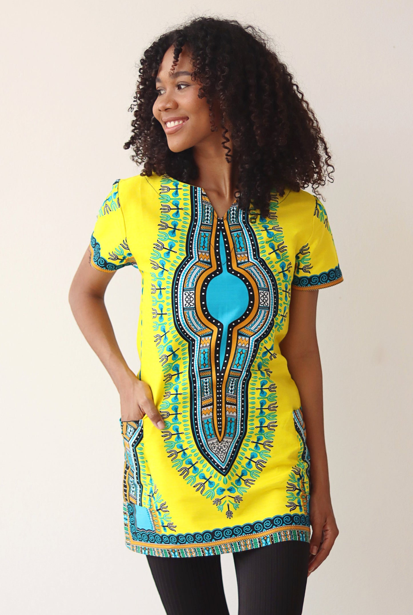 Fitted African Dashiki Frock Side Pocket with Zipper Back 70s Cotton Dress