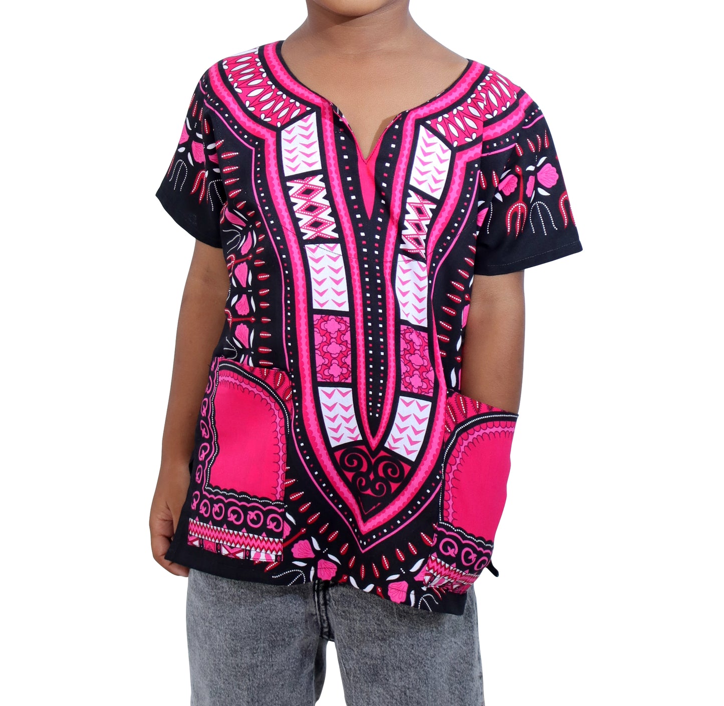 Cotton Childrens African Dashiki Throw Over Boubou Shirt Large Print and Pockets