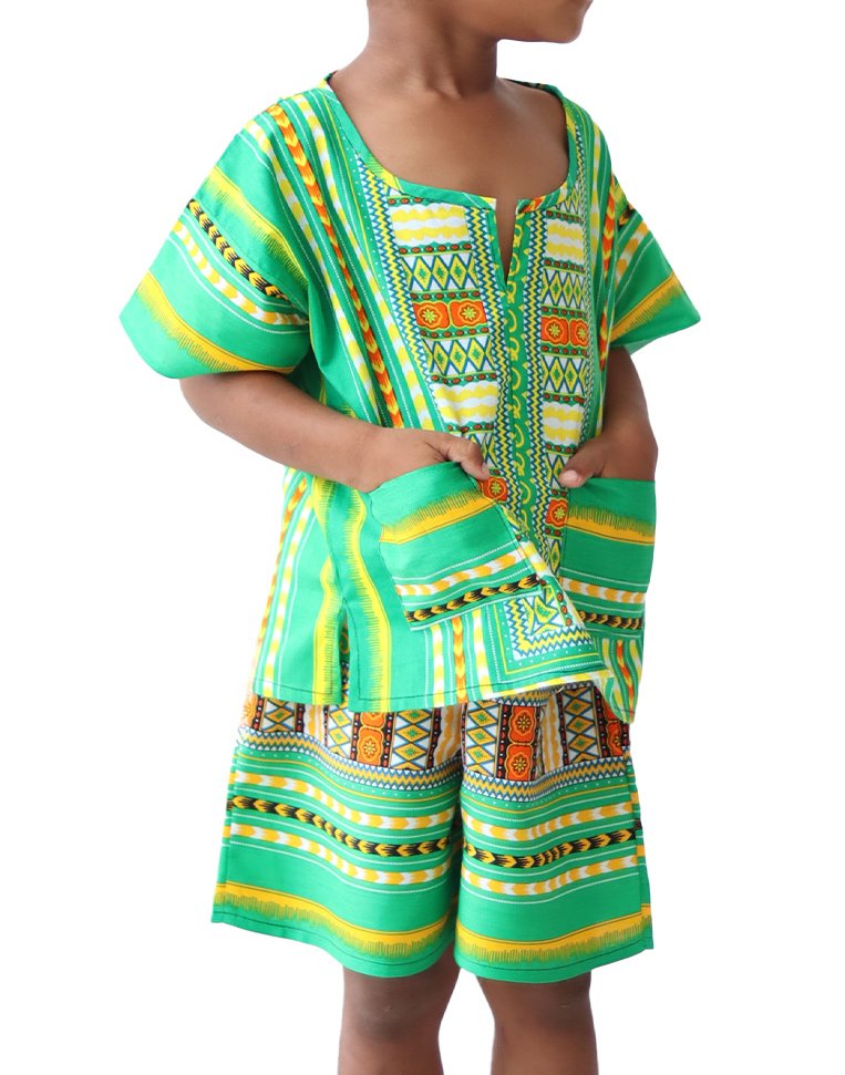 Childrens Unisex Afrikan Cotton Patch Short and Shirt Dashiki Outfit