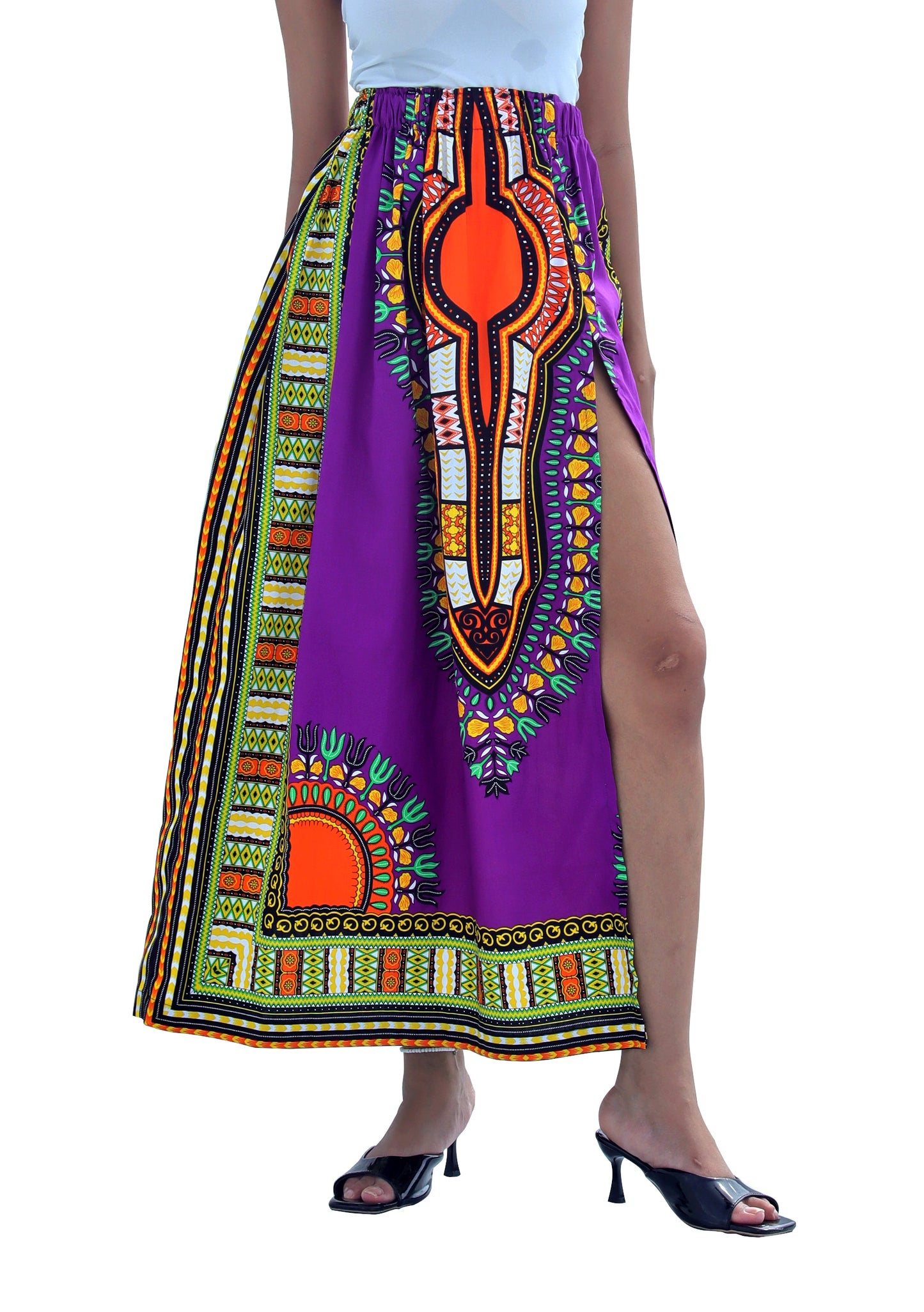 African Dashiki Skirt Side Slit - Kente Ankara Art Print Elastic Waist Dance Skirt