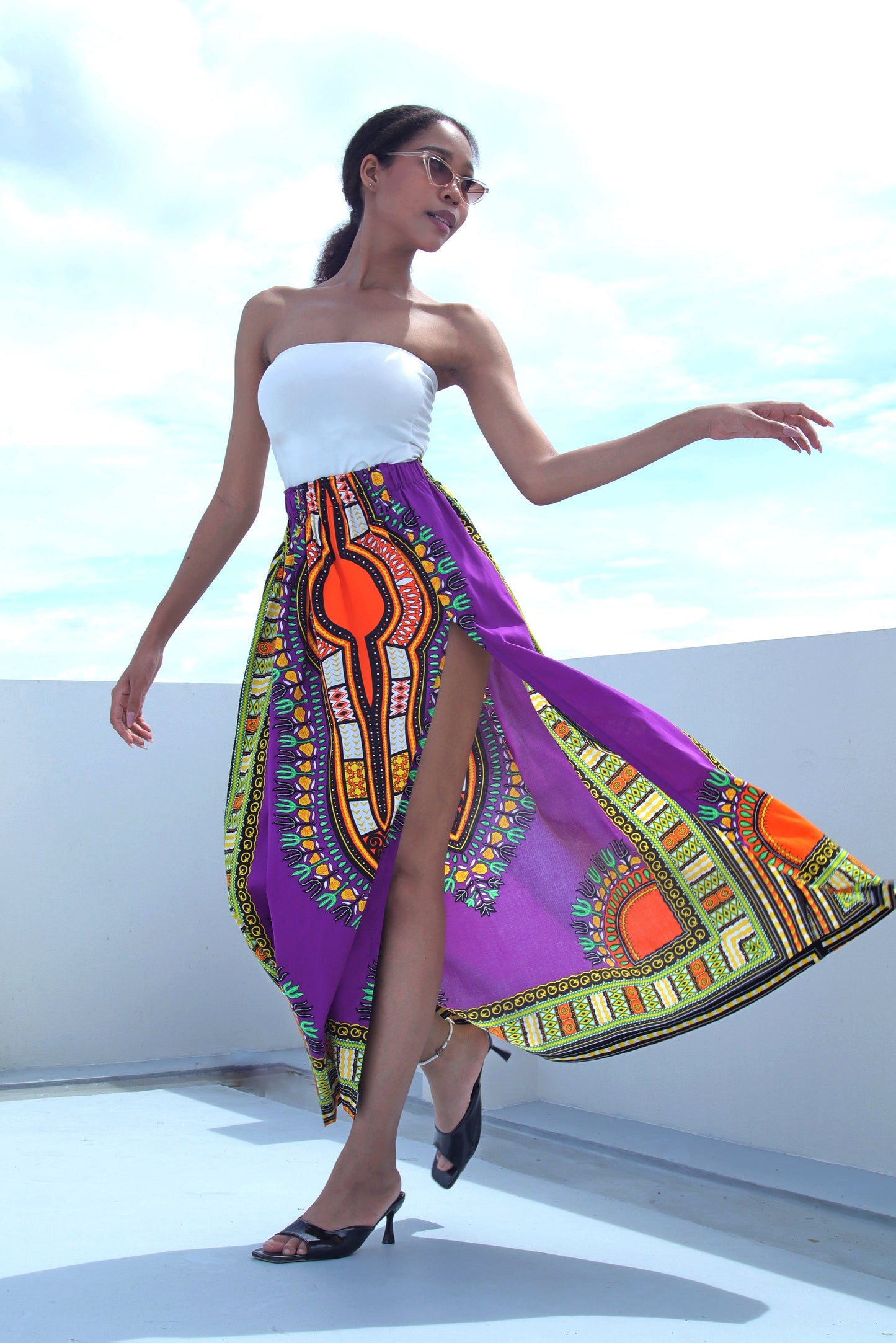 African Dashiki Skirt Side Slit - Kente Ankara Art Print Elastic Waist Dance Skirt
