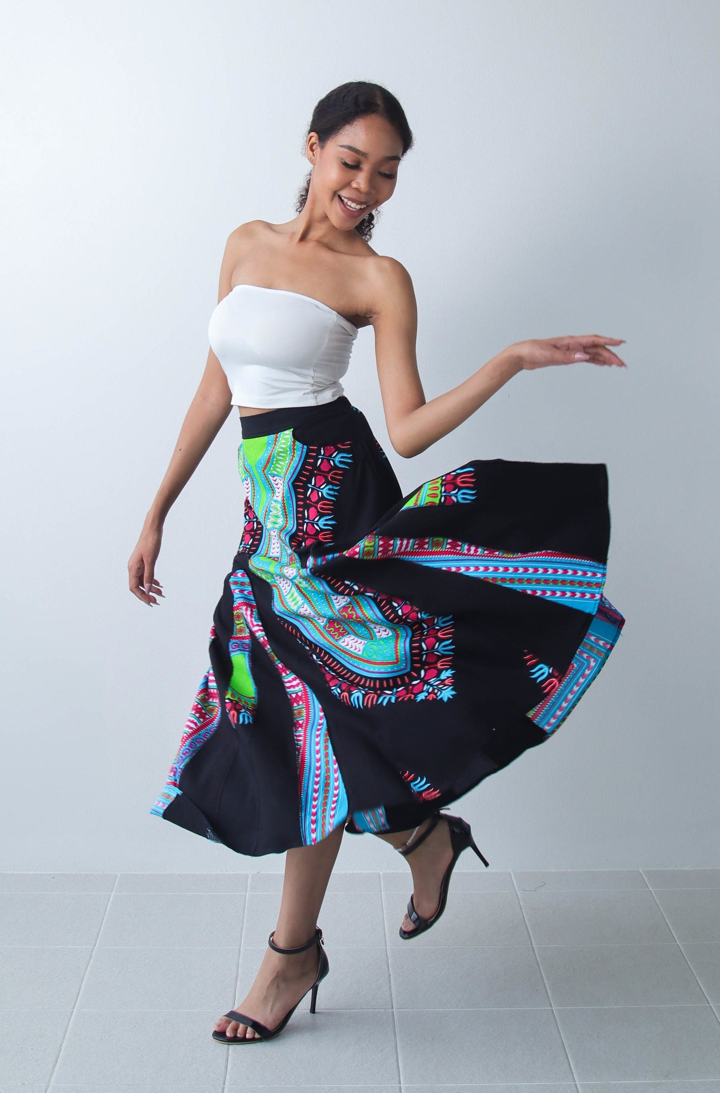Coloured African Dashiki Elastic Waist Long Flowing Skirt