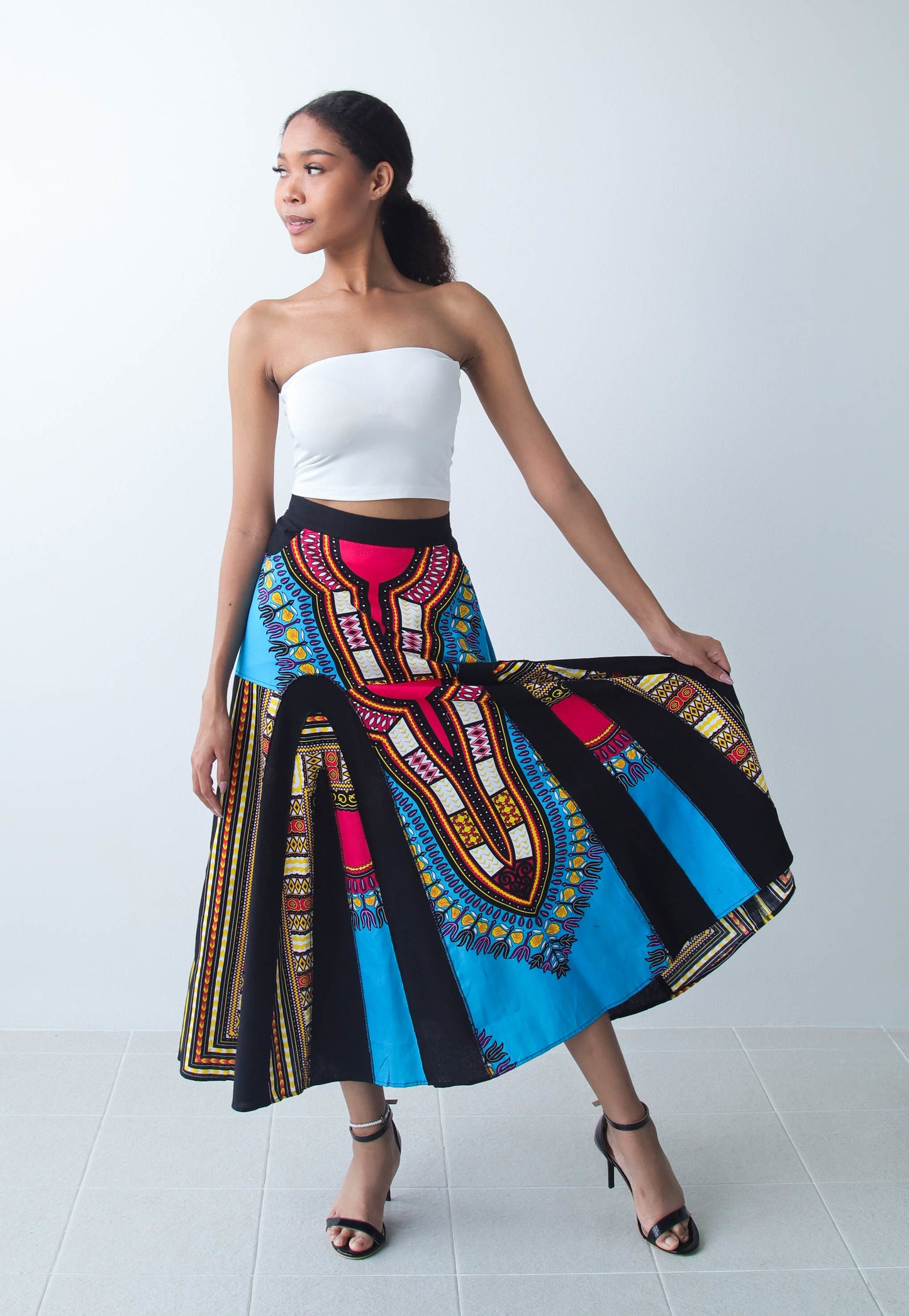 Coloured African Dashiki Elastic Waist Long Flowing Skirt