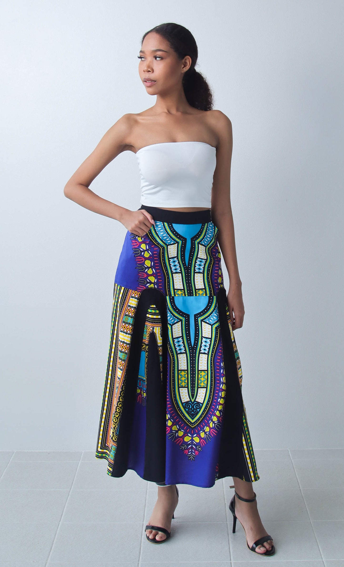 Coloured African Dashiki Elastic Waist Long Flowing Skirt